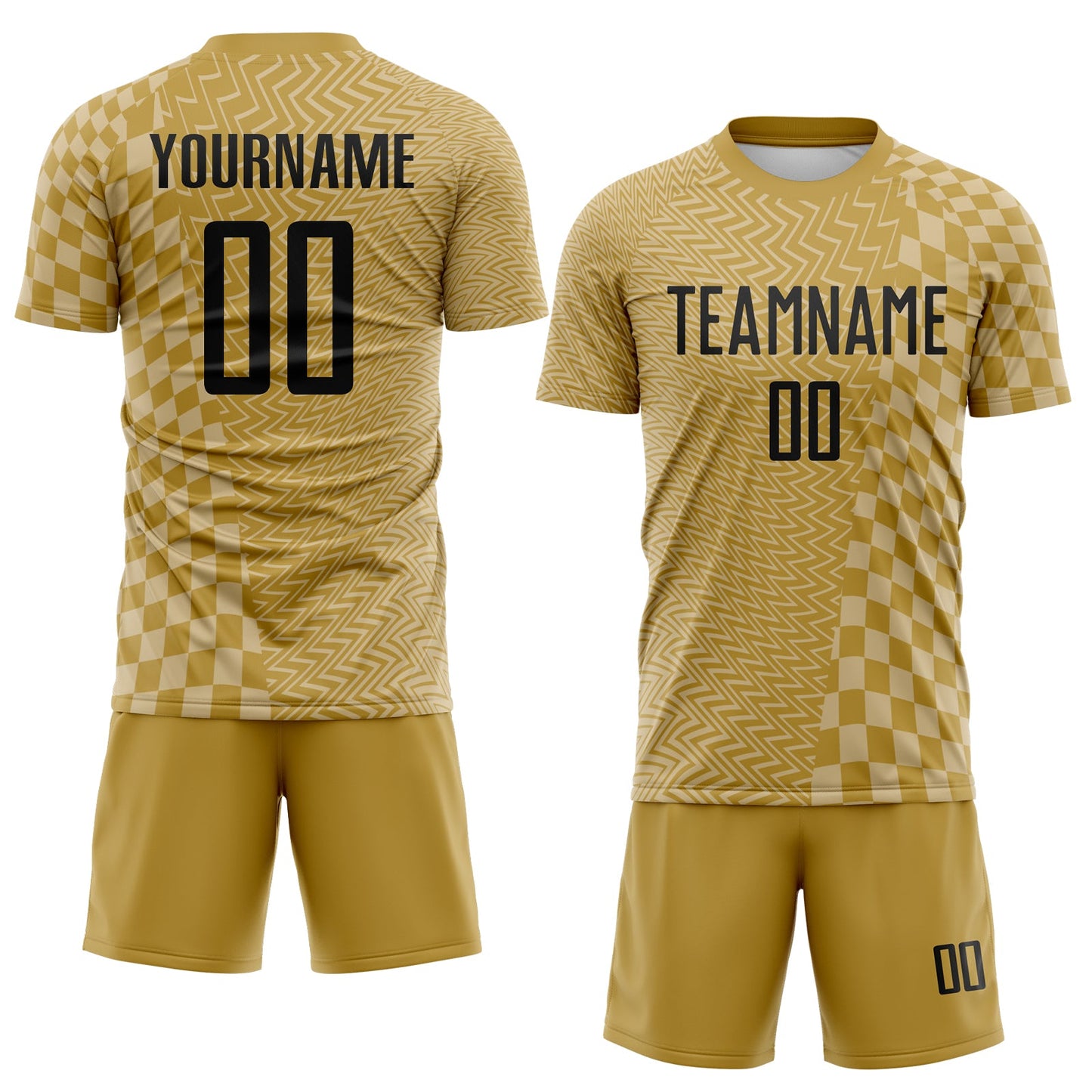 Custom Old Gold-White Geometric Patchwork Asymmetry Checkered Zigzag Lines Sublimation Soccer Uniform Jersey view 2