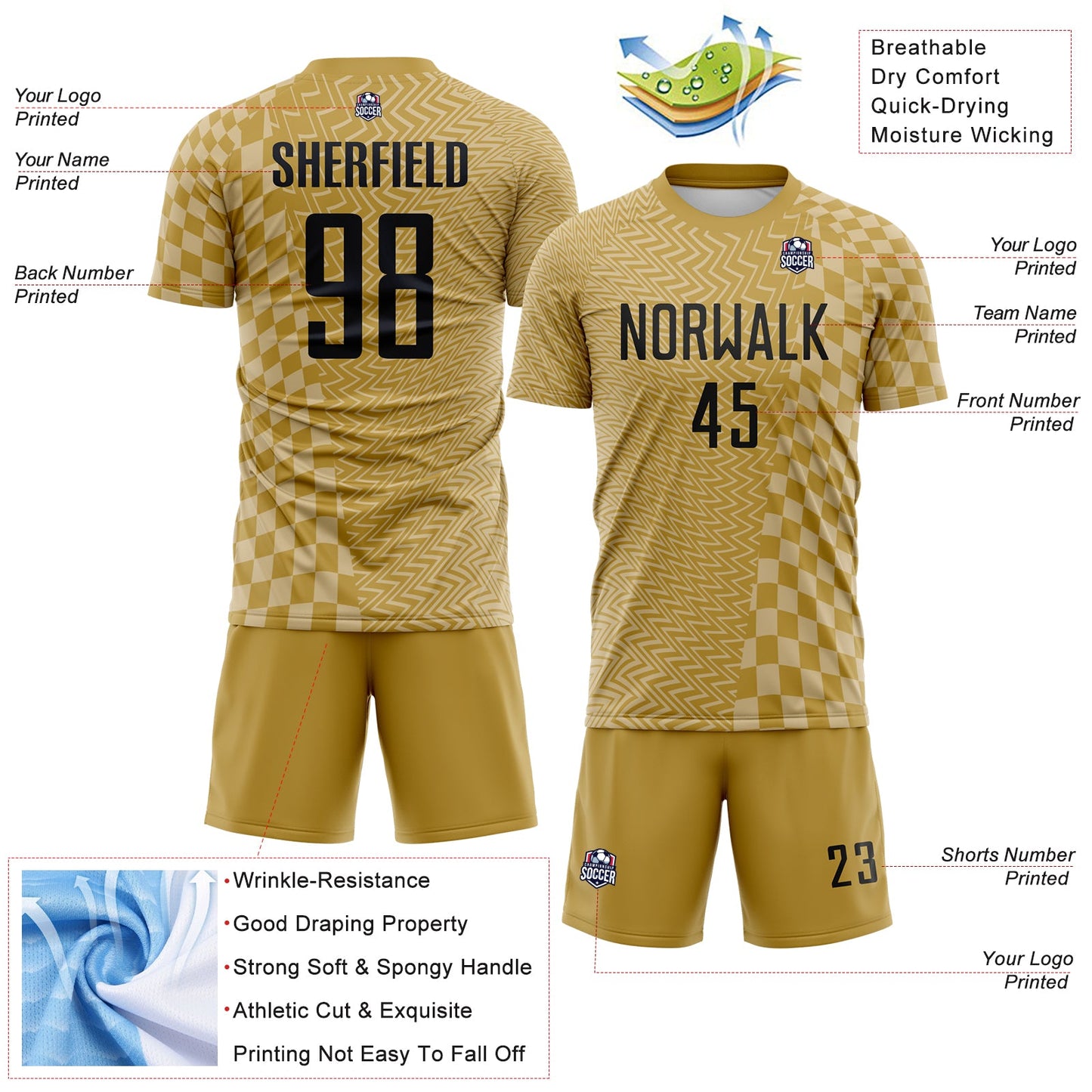 Custom Old Gold-White Geometric Patchwork Asymmetry Checkered Zigzag Lines Sublimation Soccer Uniform Jersey view 4