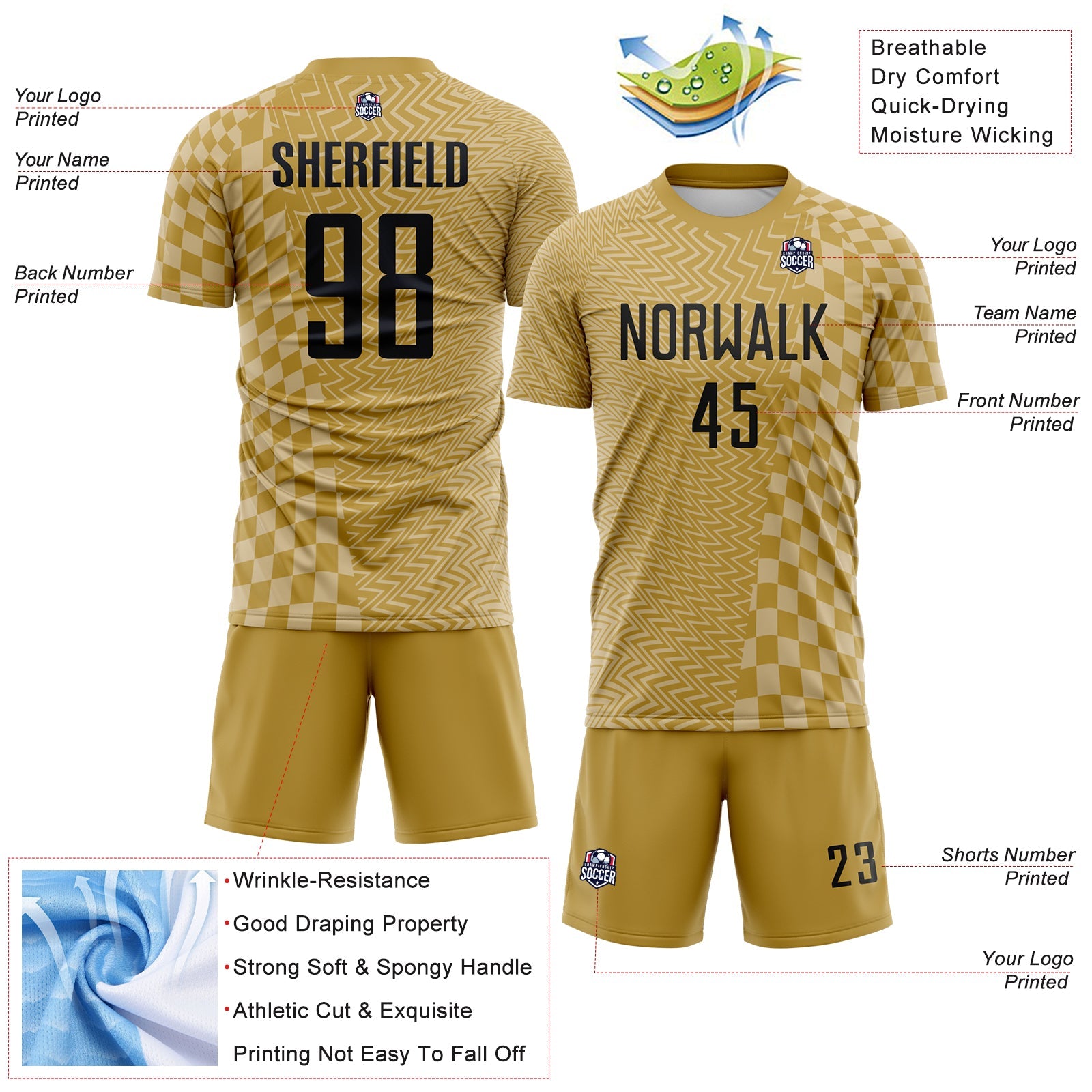 Custom Old Gold-White Geometric Patchwork Asymmetry Checkered Zigzag Lines Sublimation Soccer Uniform Jersey view 4