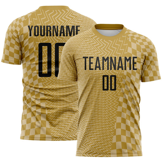 Custom Old Gold-White Geometric Patchwork Asymmetry Checkered Zigzag Lines Sublimation Soccer Uniform Jersey - Main View