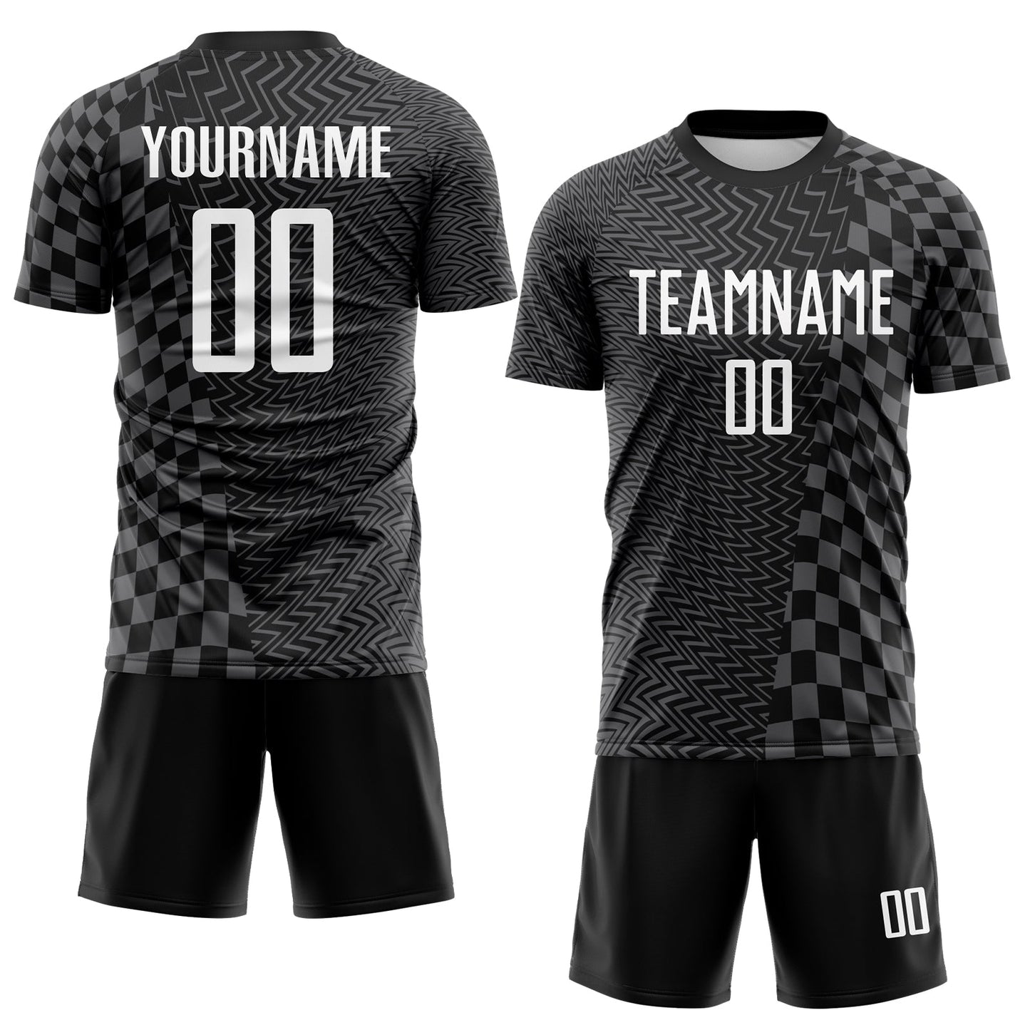 Custom Black White-Steel Gray Geometric Patchwork Asymmetry Checkered Zigzag Lines Sublimation Soccer Uniform Jersey view 2