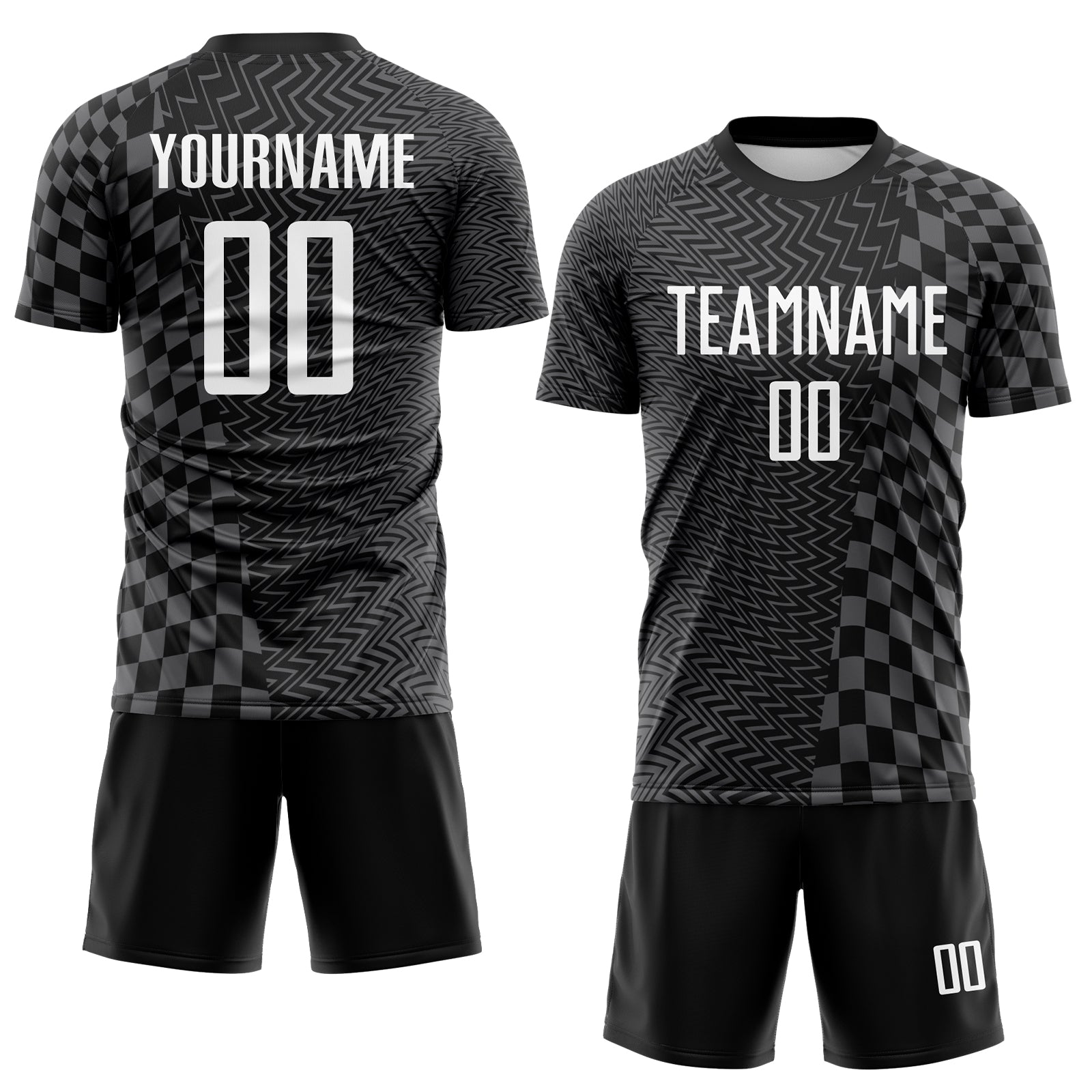 Custom Black White-Steel Gray Geometric Patchwork Asymmetry Checkered Zigzag Lines Sublimation Soccer Uniform Jersey view 2