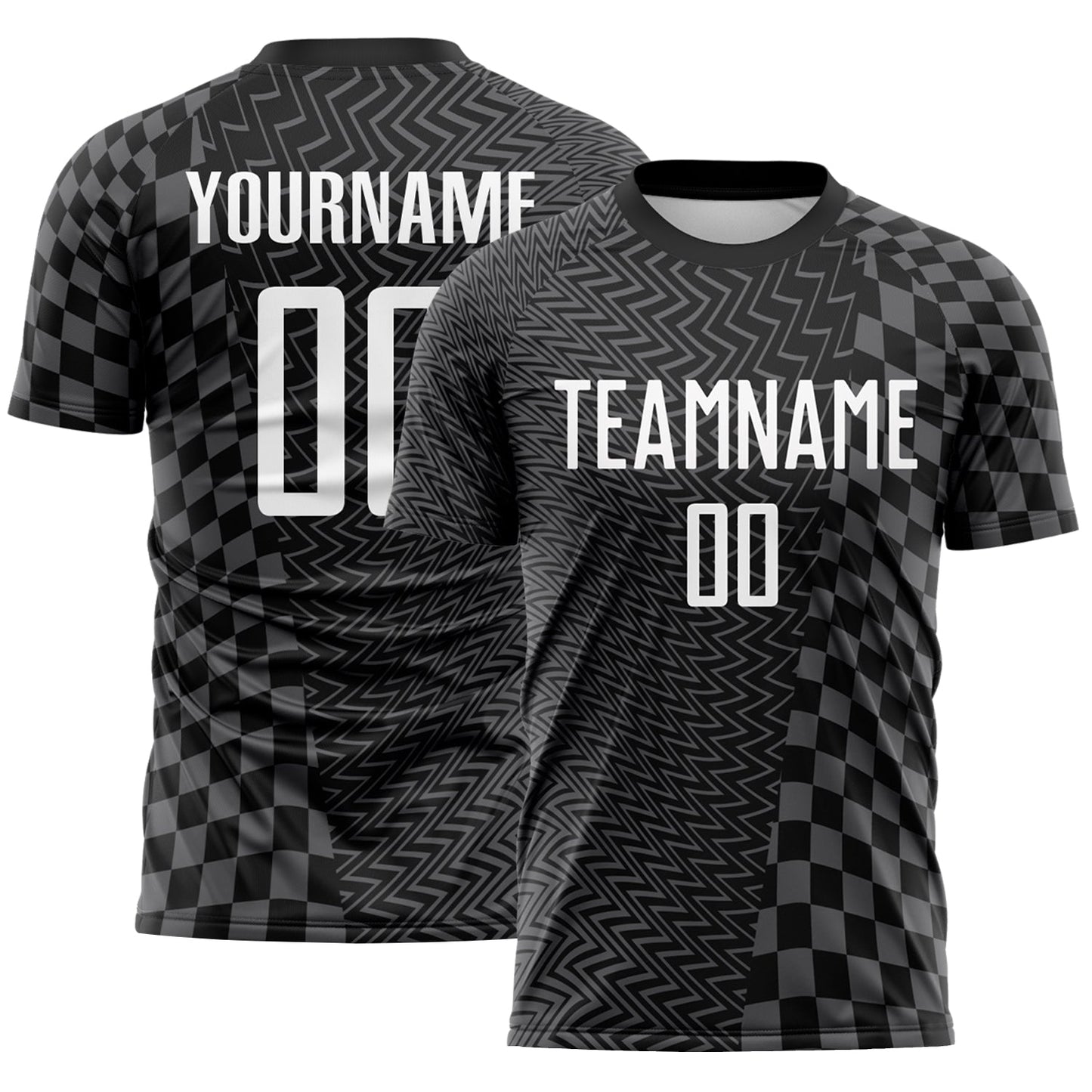 Custom Black White-Steel Gray Geometric Patchwork Asymmetry Checkered Zigzag Lines Sublimation Soccer Uniform Jersey - Main View