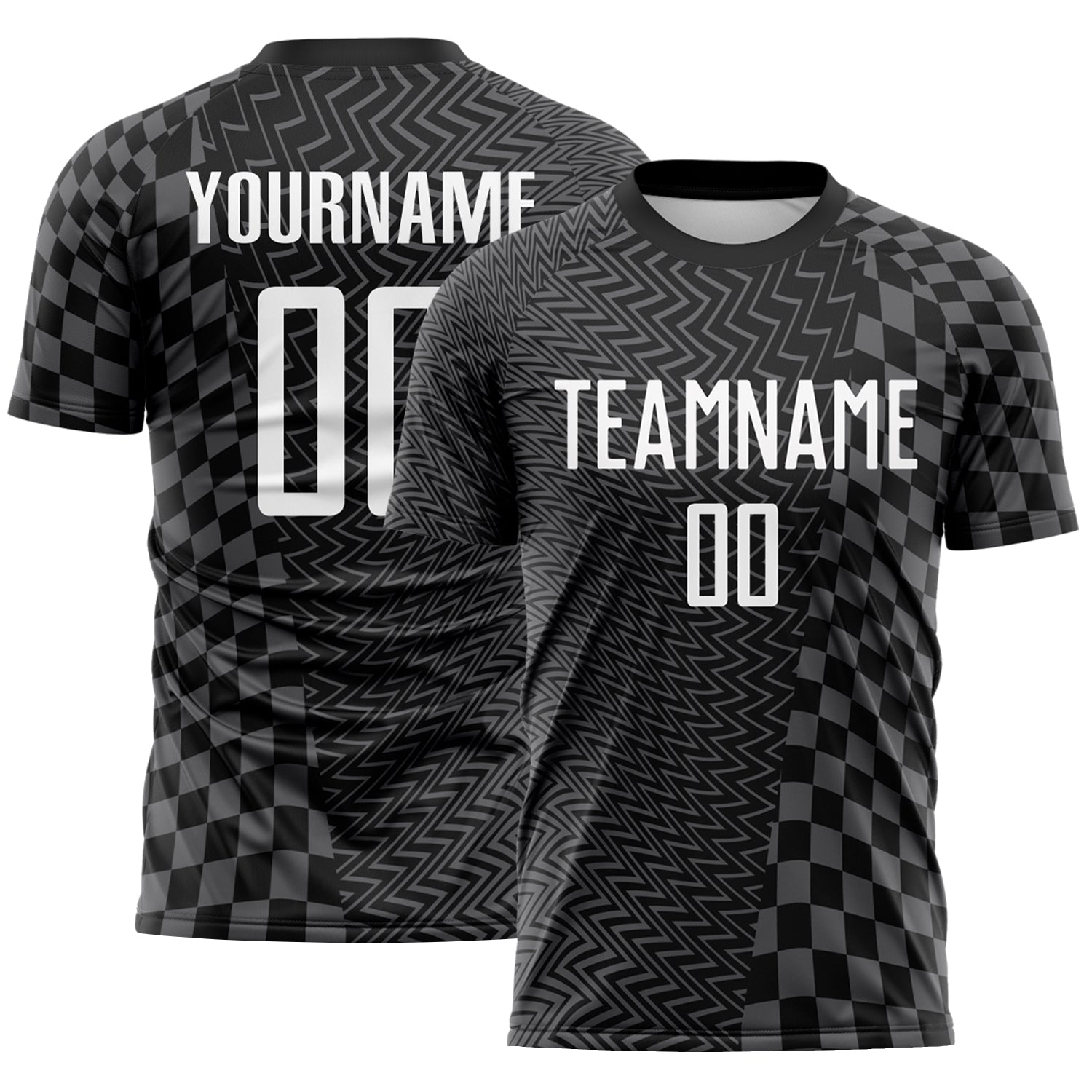 Custom Black White-Steel Gray Geometric Patchwork Asymmetry Checkered Zigzag Lines Sublimation Soccer Uniform Jersey - Main View