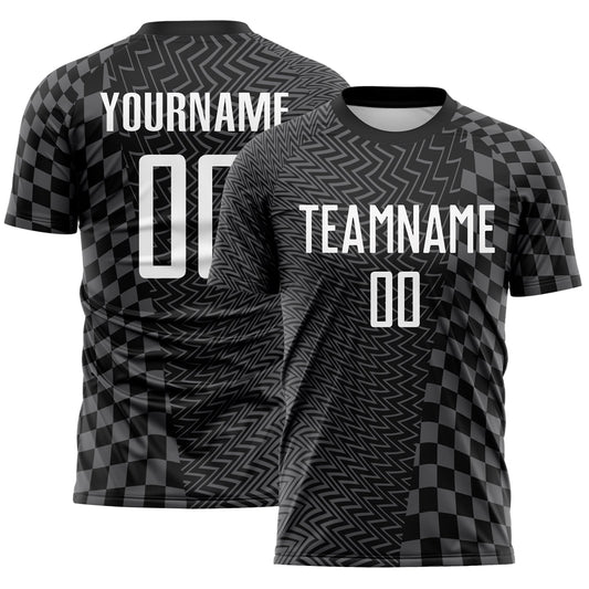 Custom Black White-Steel Gray Geometric Patchwork Asymmetry Checkered Zigzag Lines Sublimation Soccer Uniform Jersey - Main View