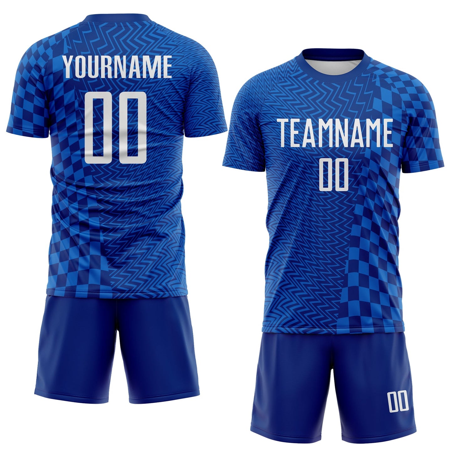 Custom Royal-White Geometric Patchwork Asymmetry Checkered Zigzag Lines Sublimation Soccer Uniform Jersey view 2