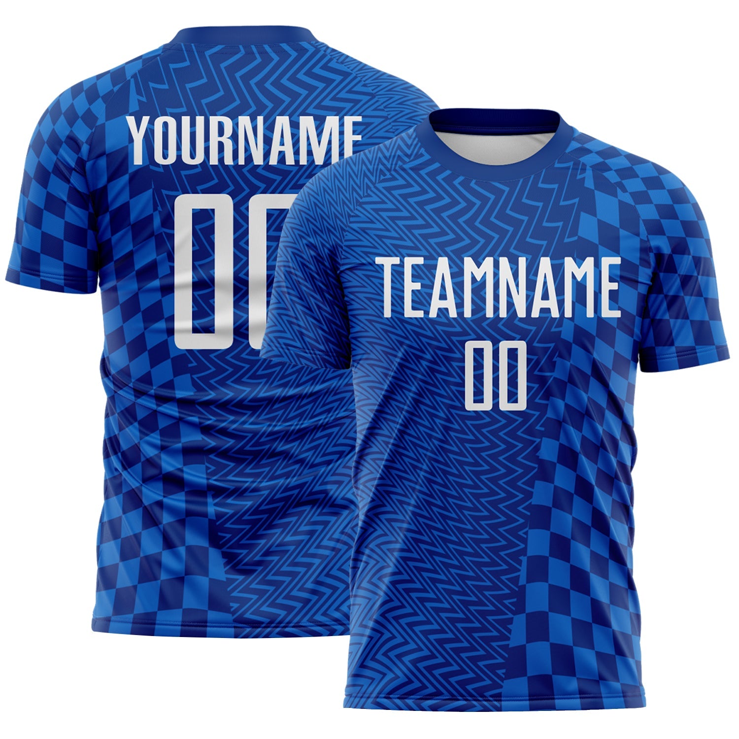 Custom Royal-White Geometric Patchwork Asymmetry Checkered Zigzag Lines Sublimation Soccer Uniform Jersey - Main View