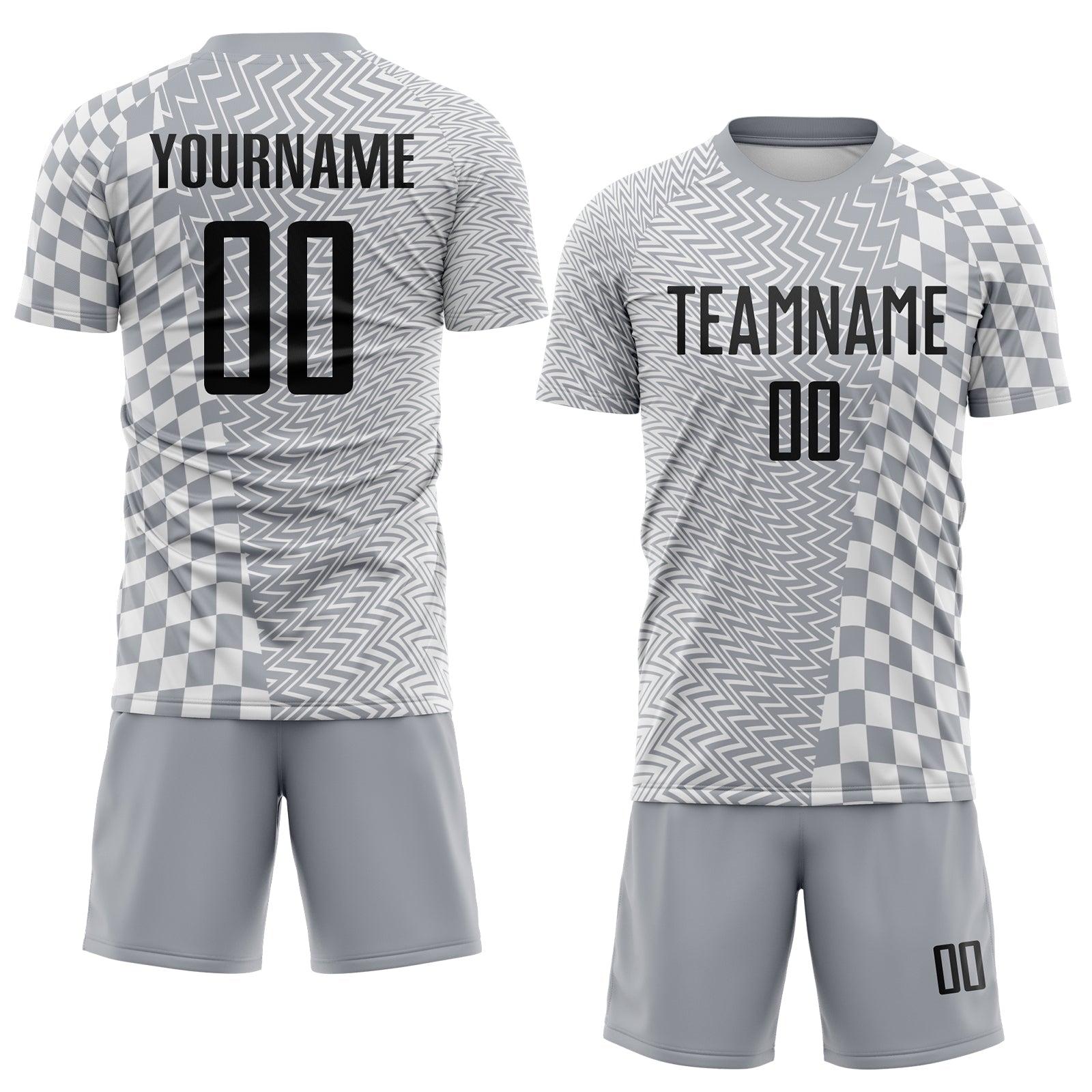Custom Gray Black-White Geometric Patchwork Asymmetry Checkered Zigzag Lines Sublimation Soccer Uniform Jersey view 2