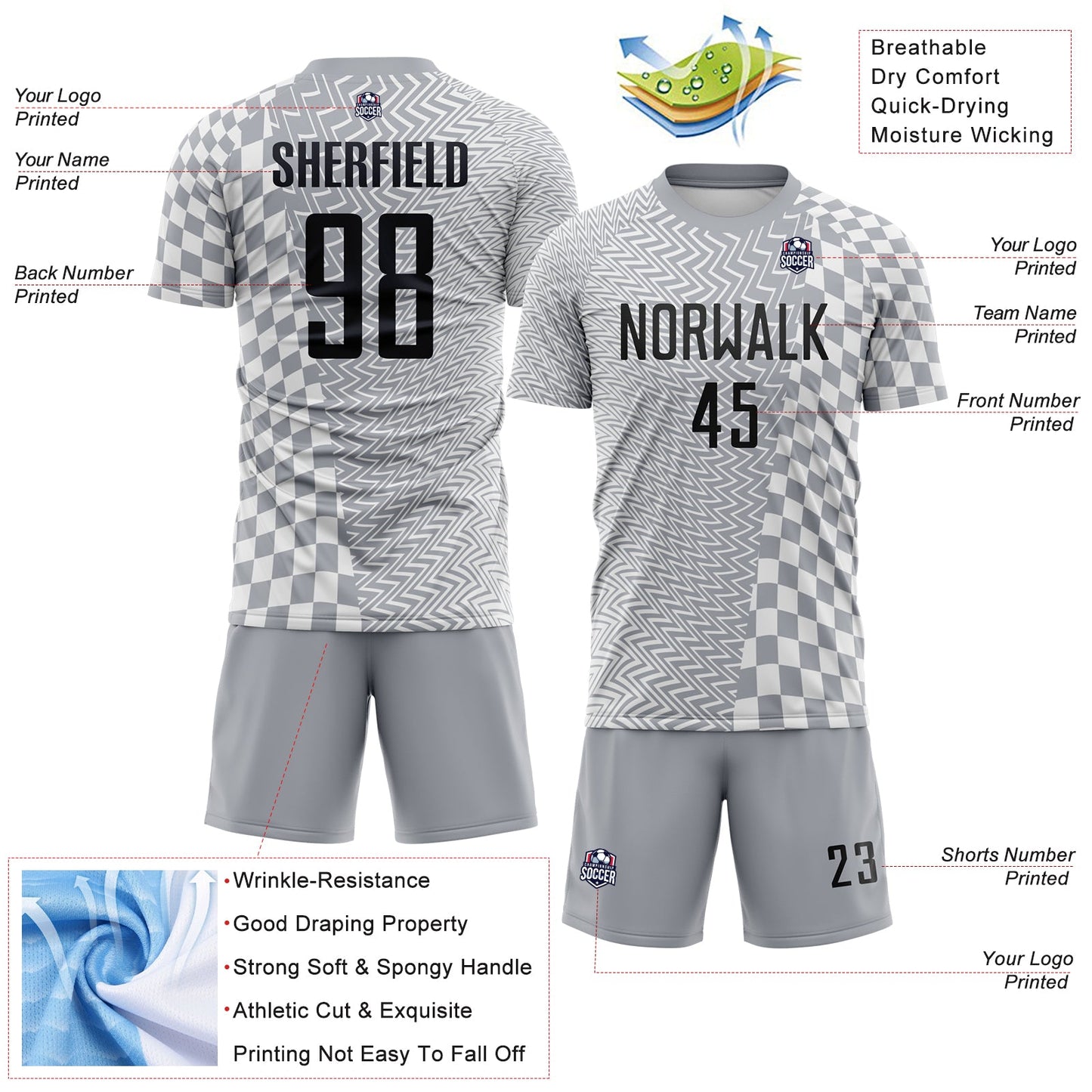 Custom Gray Black-White Geometric Patchwork Asymmetry Checkered Zigzag Lines Sublimation Soccer Uniform Jersey view 4