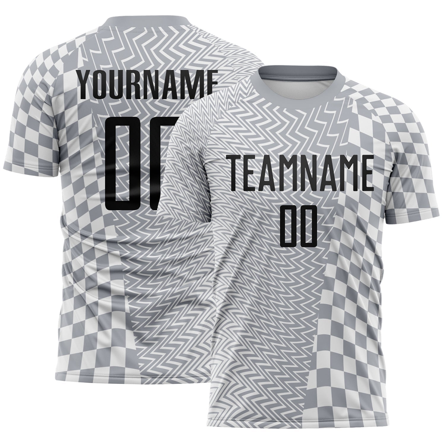 Custom Gray Black-White Geometric Patchwork Asymmetry Checkered Zigzag Lines Sublimation Soccer Uniform Jersey - Main View