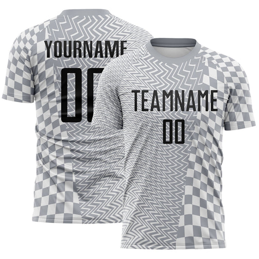 Custom Gray Black-White Geometric Patchwork Asymmetry Checkered Zigzag Lines Sublimation Soccer Uniform Jersey - Main View