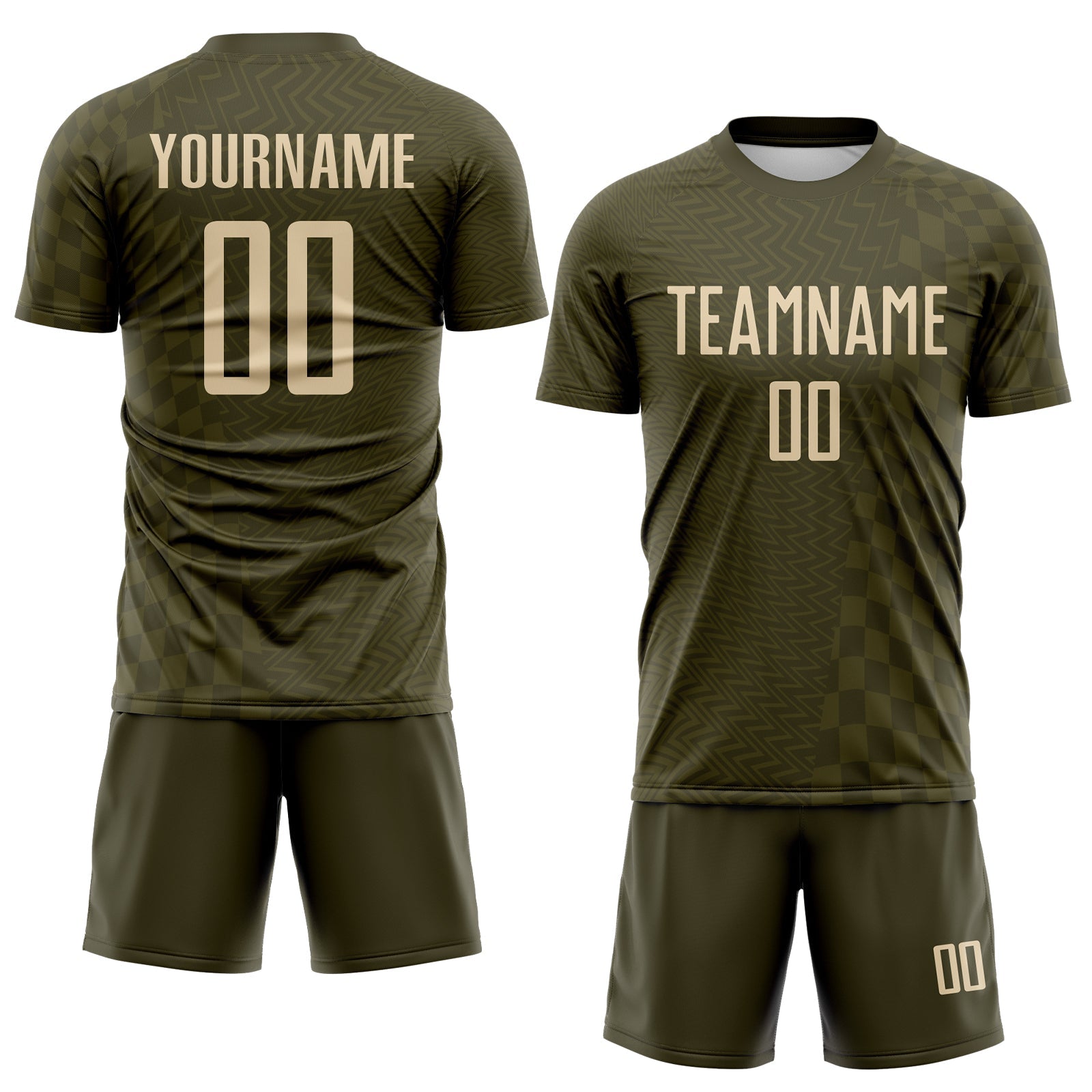 Custom Olive-City Cream Geometric Patchwork Asymmetry Checkered Zigzag Lines Sublimation Soccer Uniform Jersey view 2