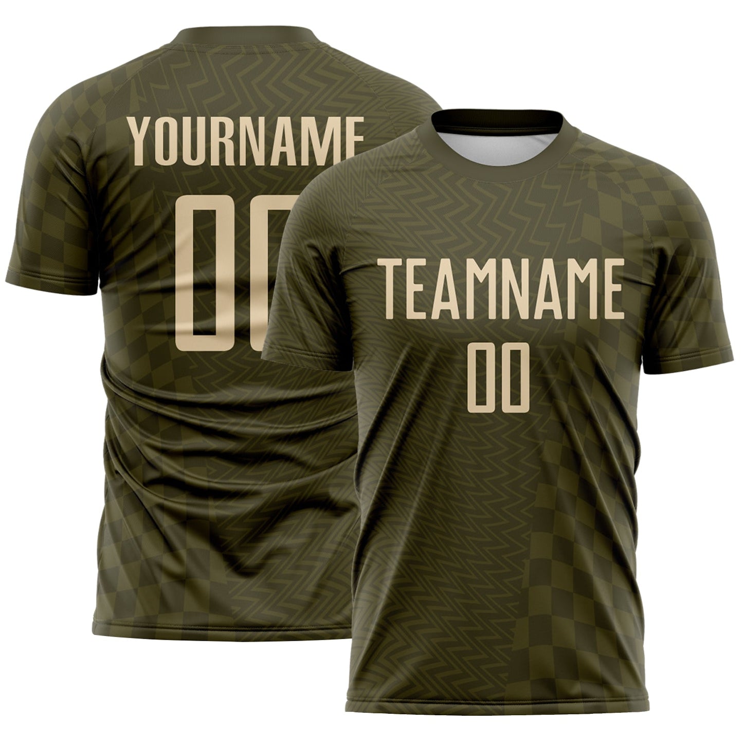 Custom Olive-City Cream Geometric Patchwork Asymmetry Checkered Zigzag Lines Sublimation Soccer Uniform Jersey - Main View
