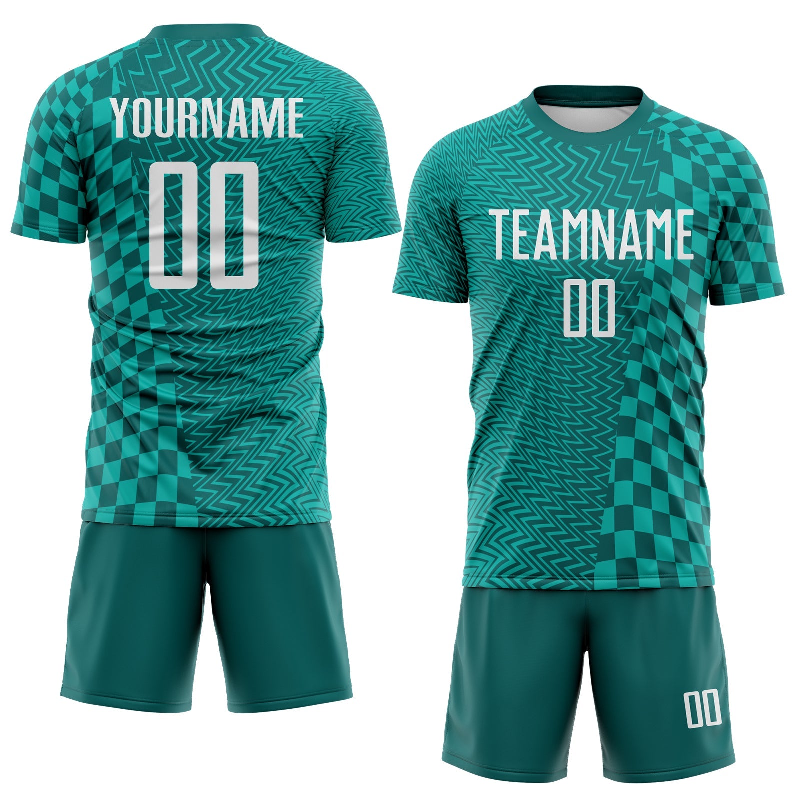 Custom Teal White-Aqua Geometric Patchwork Asymmetry Checkered Zigzag Lines Sublimation Soccer Uniform Jersey view 2