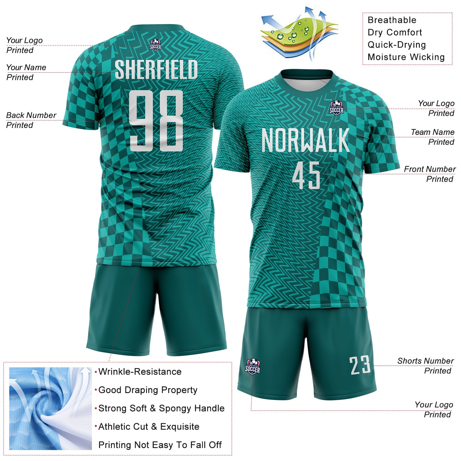 Custom Teal White-Aqua Geometric Patchwork Asymmetry Checkered Zigzag Lines Sublimation Soccer Uniform Jersey view 4