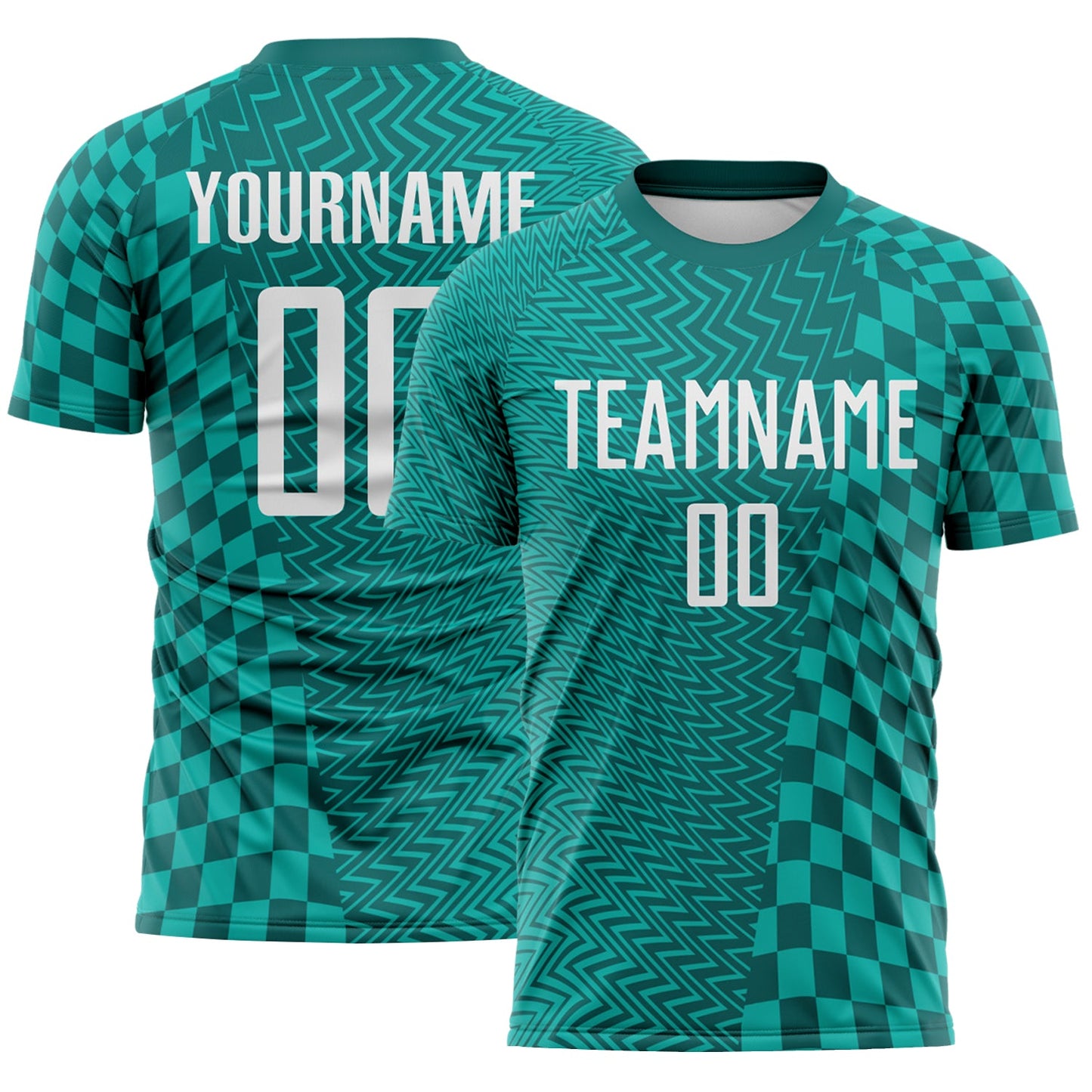 Custom Teal White-Aqua Geometric Patchwork Asymmetry Checkered Zigzag Lines Sublimation Soccer Uniform Jersey - Main View