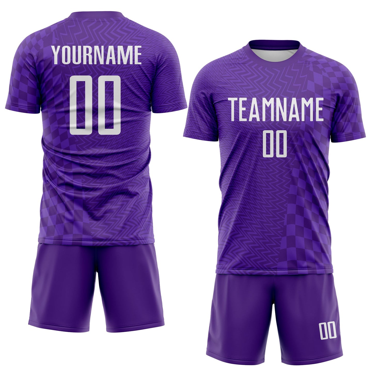 Custom Purple-White Geometric Patchwork Asymmetry Checkered Zigzag Lines Sublimation Soccer Uniform Jersey view 2