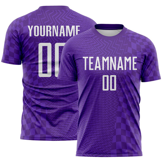 Custom Purple-White Geometric Patchwork Asymmetry Checkered Zigzag Lines Sublimation Soccer Uniform Jersey - Main View