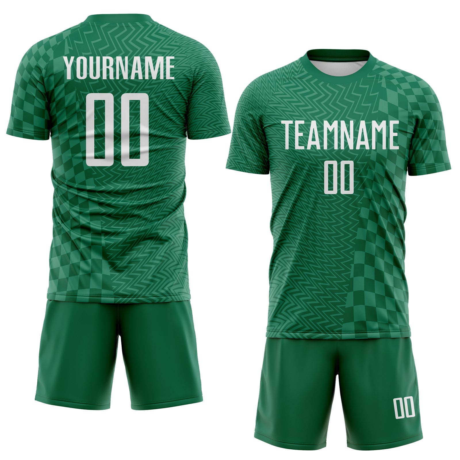 Custom Kelly Green-White Geometric Patchwork Asymmetry Checkered Zigzag Lines Sublimation Soccer Uniform Jersey view 2