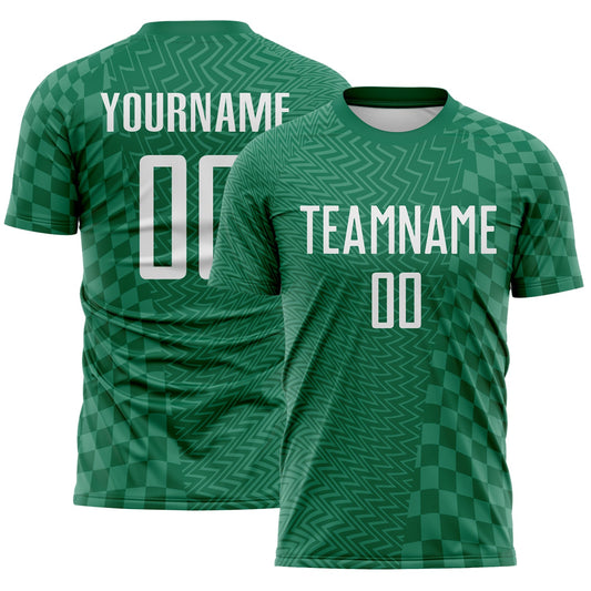 Custom Kelly Green-White Geometric Patchwork Asymmetry Checkered Zigzag Lines Sublimation Soccer Uniform Jersey - Main View