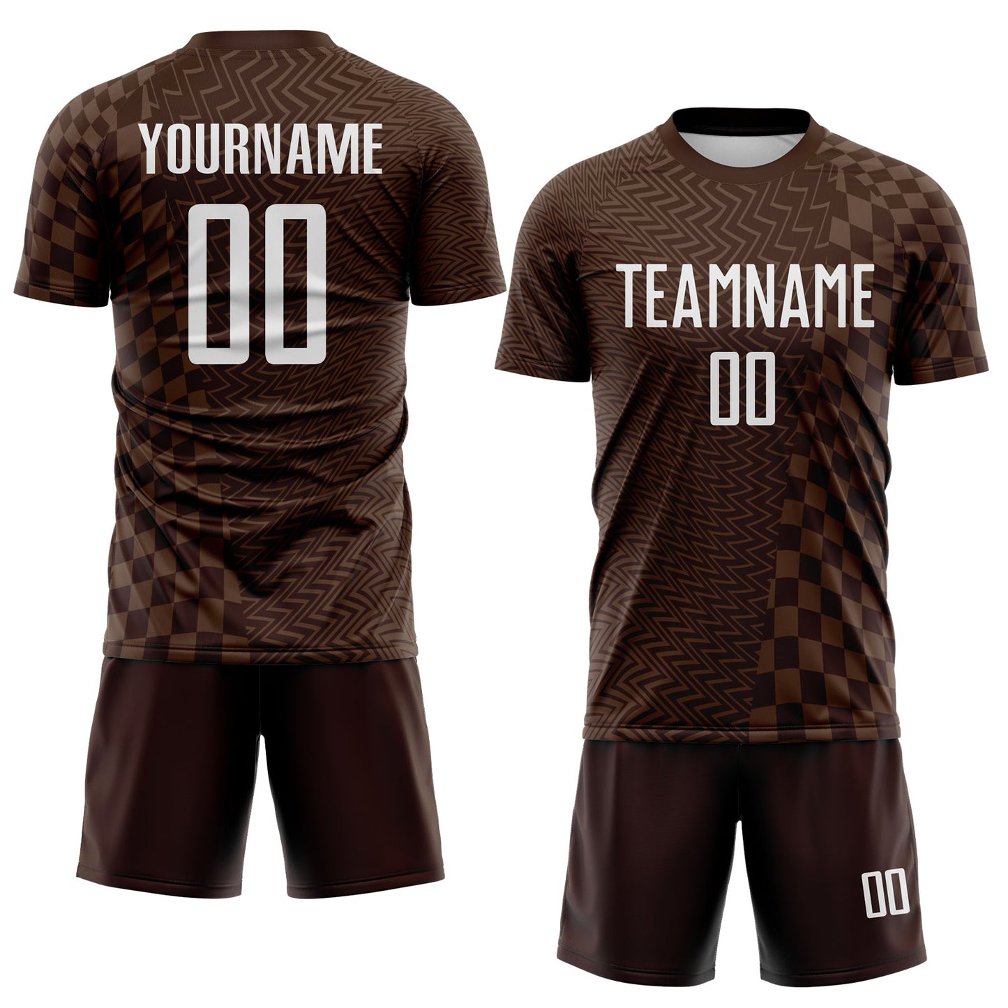 Custom Brown-White Geometric Patchwork Asymmetry Checkered Zigzag Lines Sublimation Soccer Uniform Jersey view 2