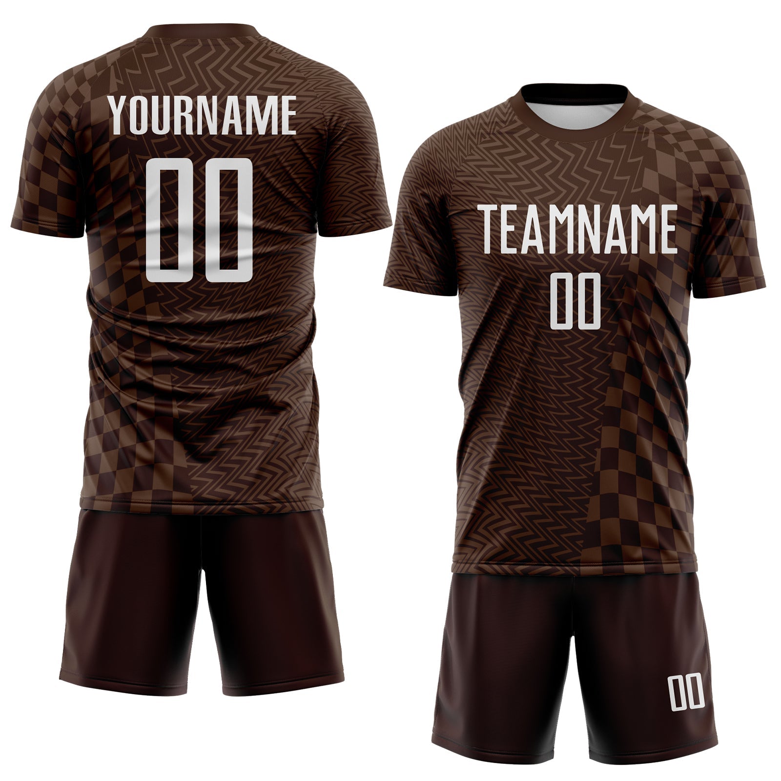 Custom Brown-White Geometric Patchwork Asymmetry Checkered Zigzag Lines Sublimation Soccer Uniform Jersey view 2