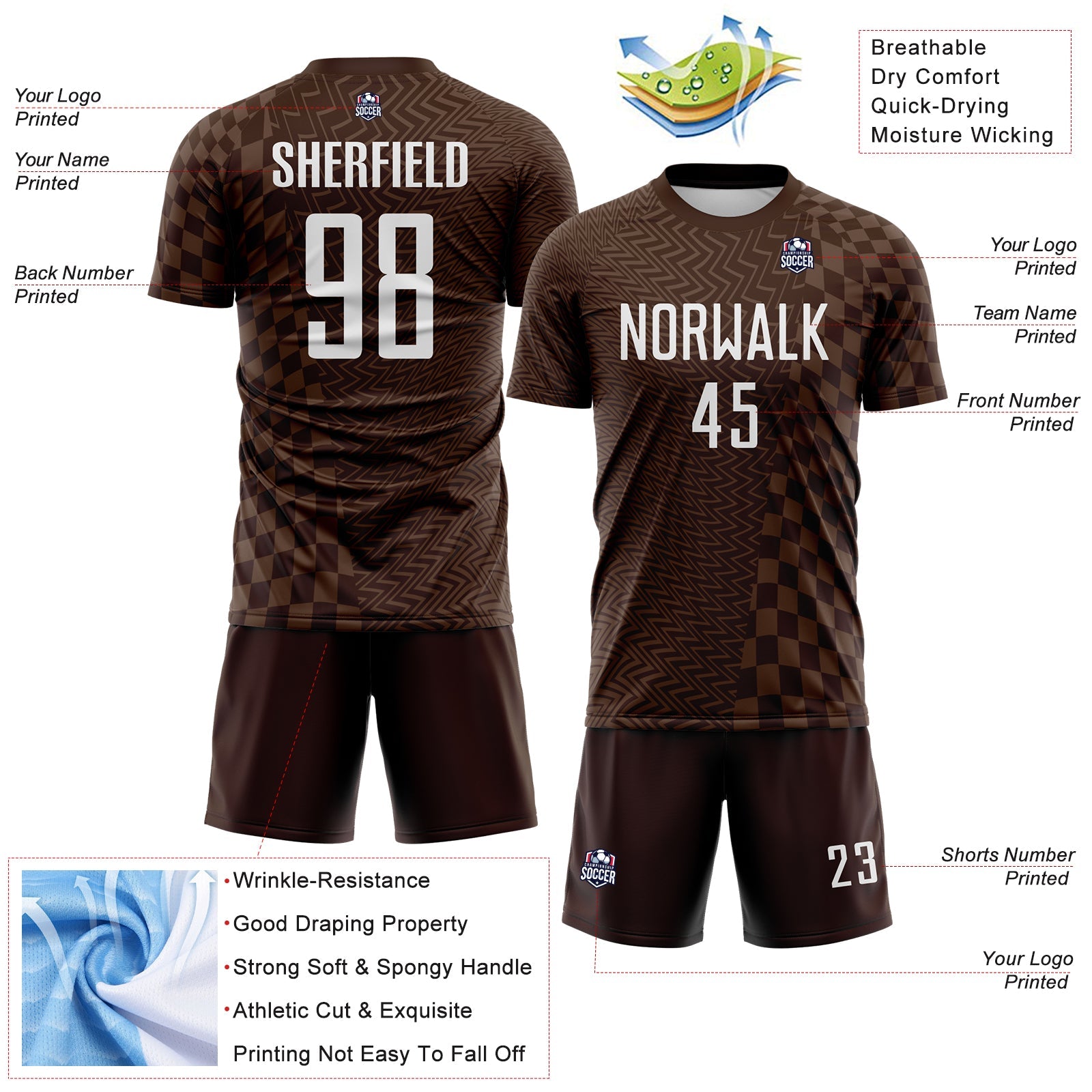 Custom Brown-White Geometric Patchwork Asymmetry Checkered Zigzag Lines Sublimation Soccer Uniform Jersey view 4