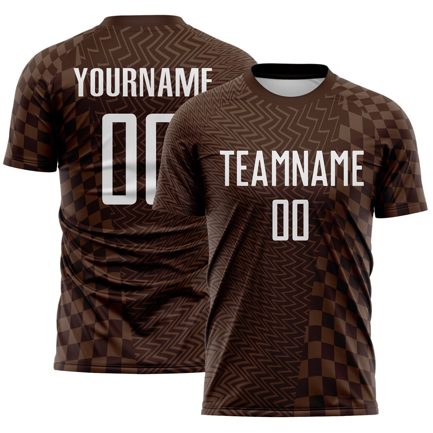 Custom Brown-White Geometric Patchwork Asymmetry Checkered Zigzag Lines Sublimation Soccer Uniform Jersey - Main View