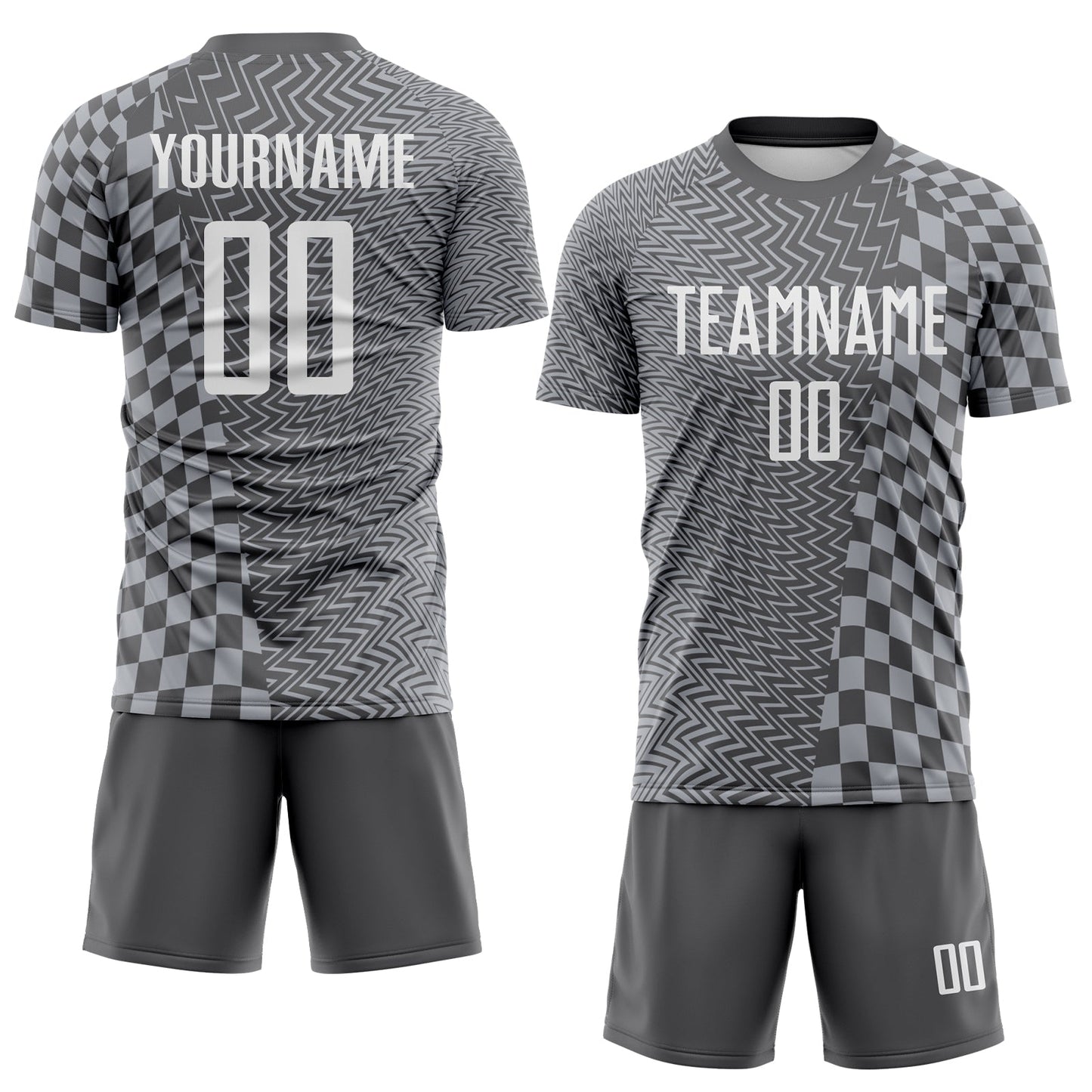 Custom Steel Gray-White Geometric Patchwork Asymmetry Checkered Zigzag Lines Sublimation Soccer Uniform Jersey view 2