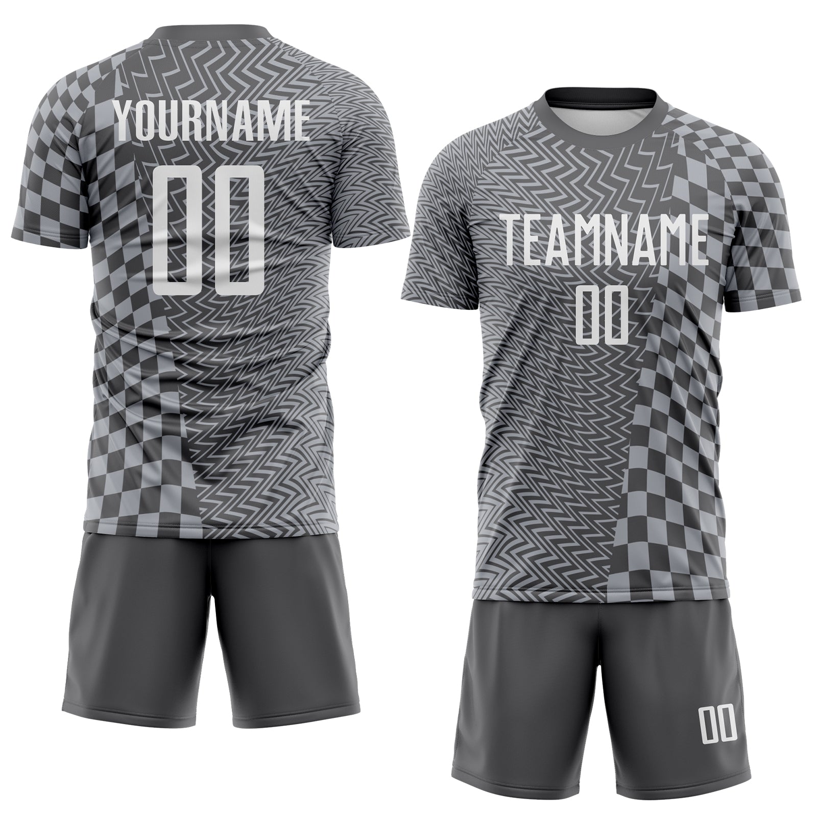 Custom Steel Gray-White Geometric Patchwork Asymmetry Checkered Zigzag Lines Sublimation Soccer Uniform Jersey view 2