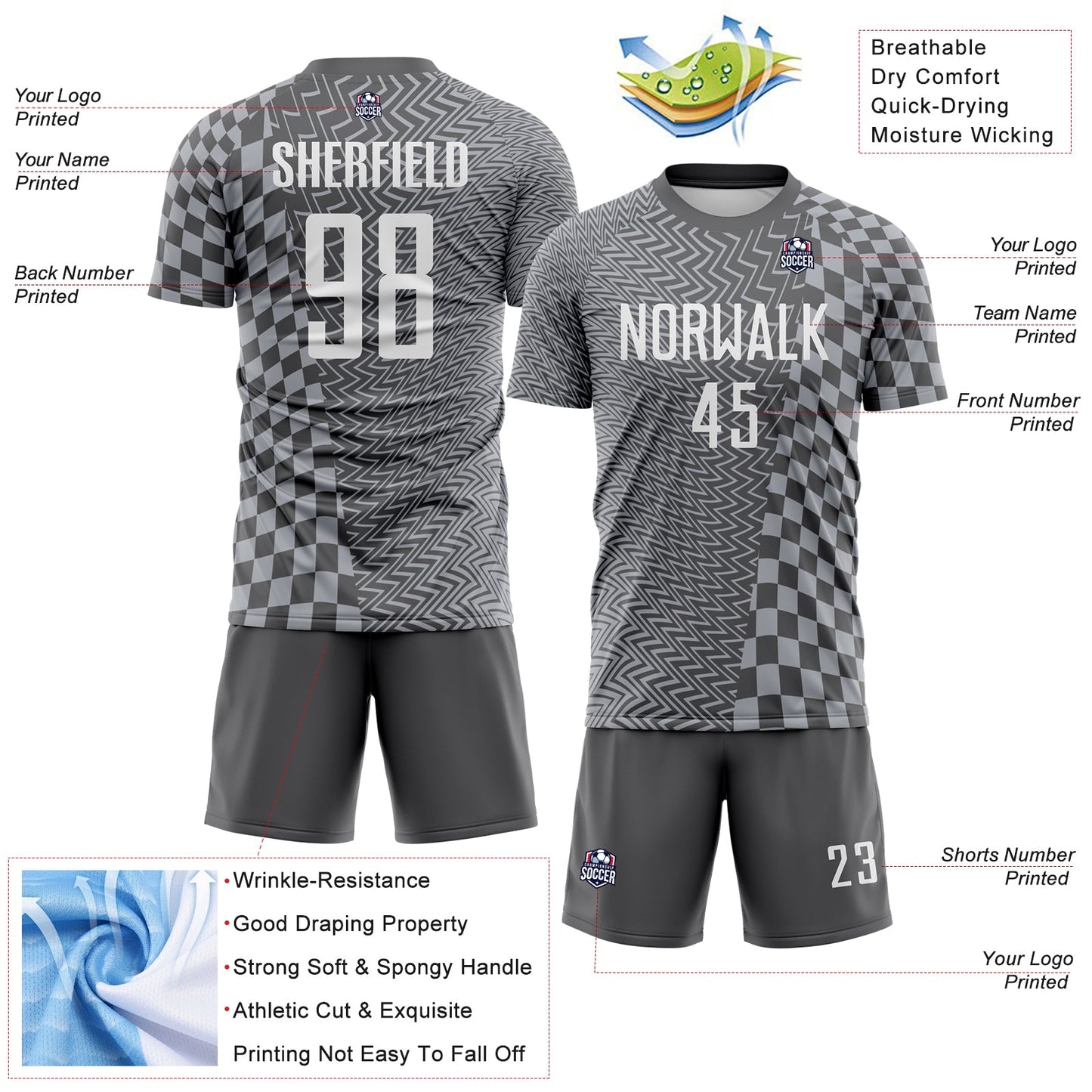 Custom Steel Gray-White Geometric Patchwork Asymmetry Checkered Zigzag Lines Sublimation Soccer Uniform Jersey view 4