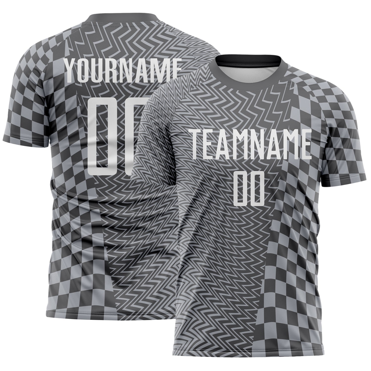 Custom Steel Gray-White Geometric Patchwork Asymmetry Checkered Zigzag Lines Sublimation Soccer Uniform Jersey - Main View