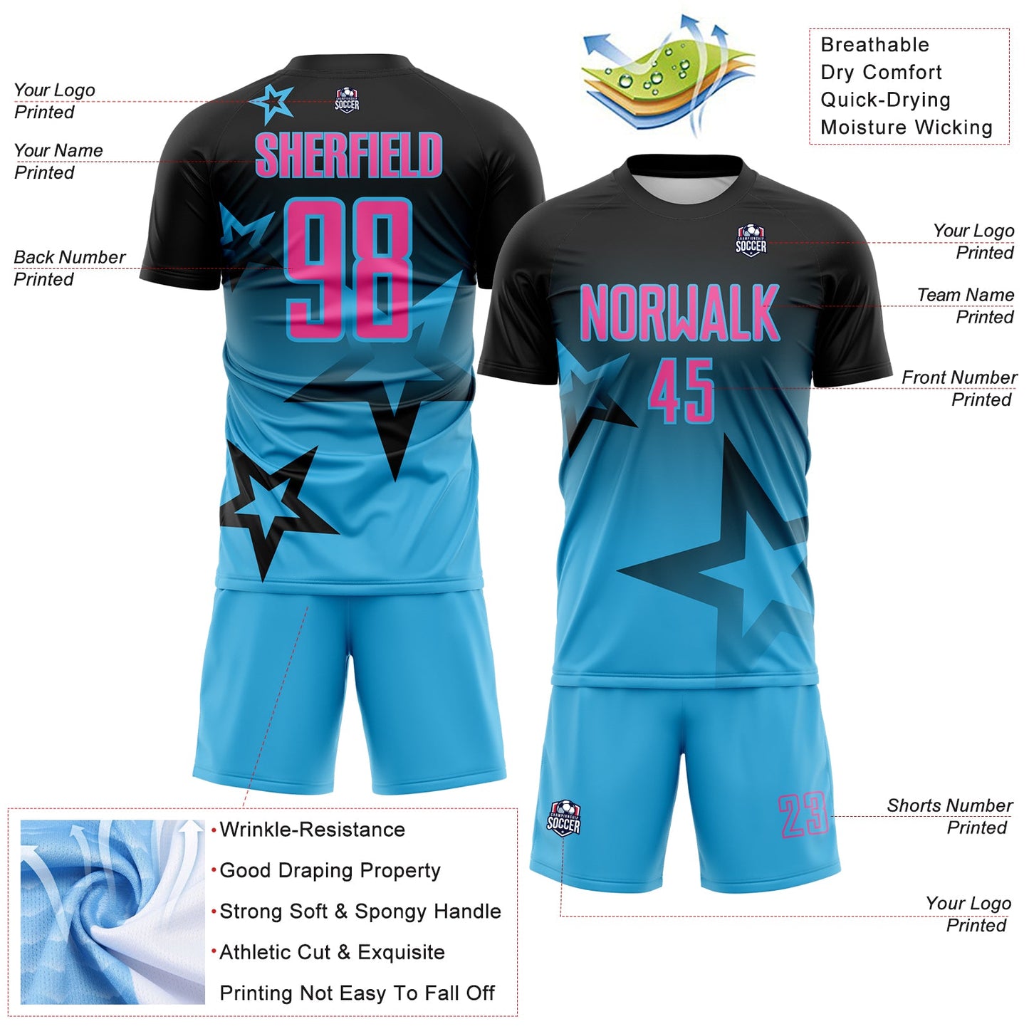 Custom Black Pink-Sky Blue Gradient Style Twinkle Star Sublimation Soccer Uniform Jersey view 4