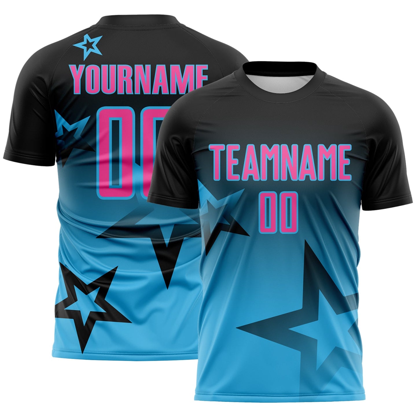 Custom Black Pink-Sky Blue Gradient Style Twinkle Star Sublimation Soccer Uniform Jersey - Main View