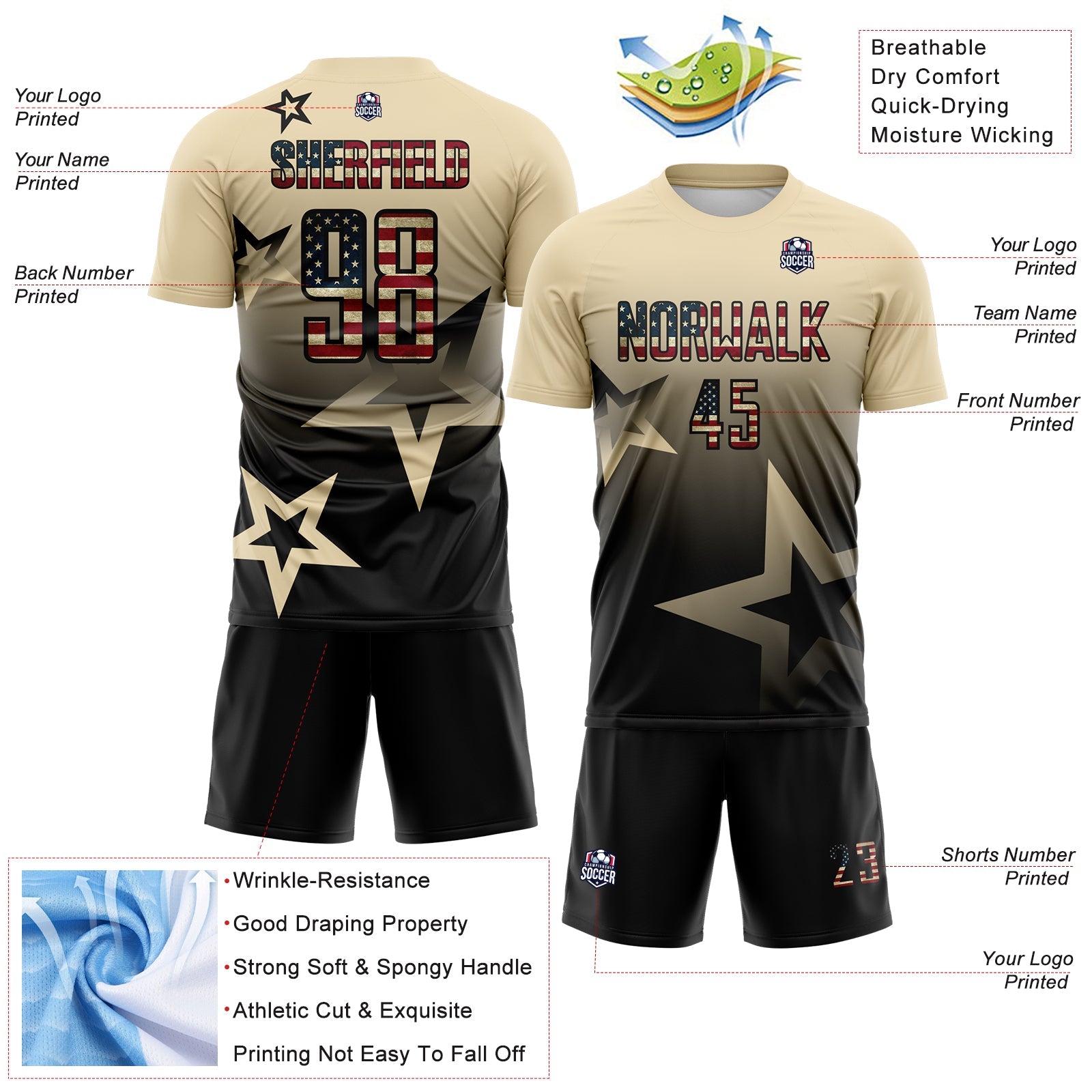 Custom Cream Vintage USA Flag-Black Gradient Style Twinkle Star Sublimation Soccer Uniform Jersey view 4