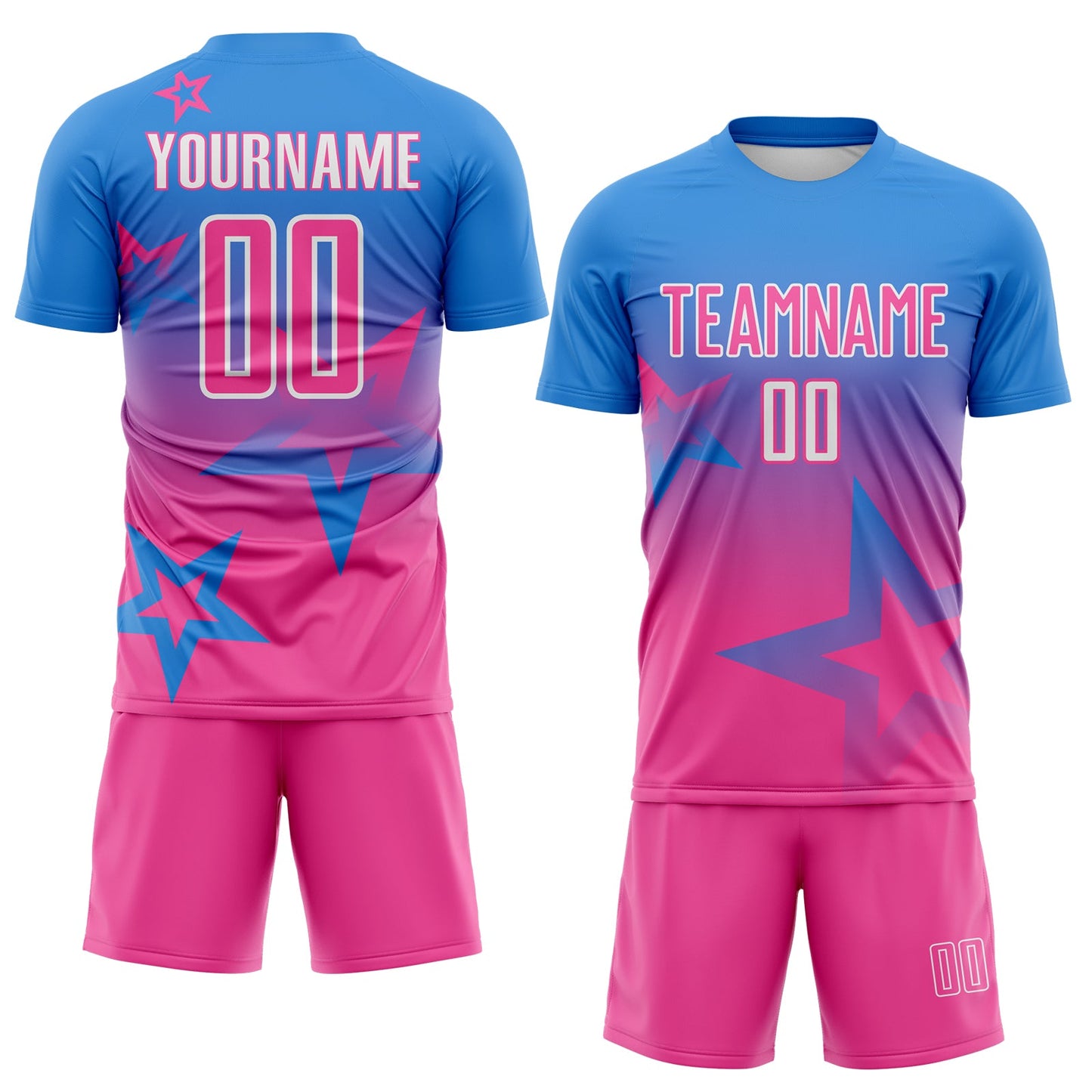 Custom Powder Blue Pink-White Gradient Style Twinkle Star Sublimation Soccer Uniform Jersey view 2
