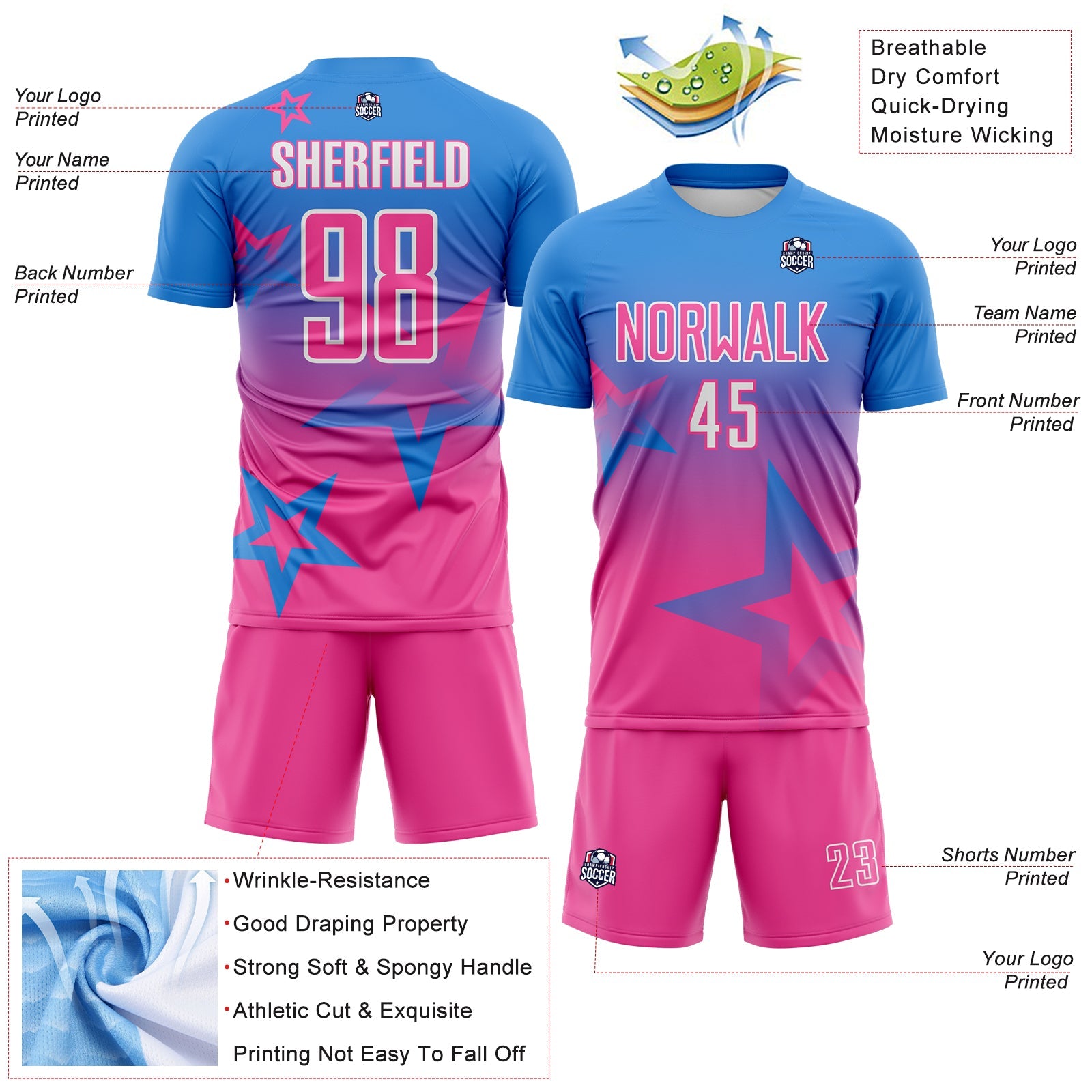 Custom Powder Blue Pink-White Gradient Style Twinkle Star Sublimation Soccer Uniform Jersey view 4