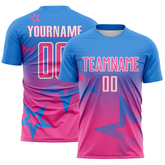 Custom Powder Blue Pink-White Gradient Style Twinkle Star Sublimation Soccer Uniform Jersey - Main View