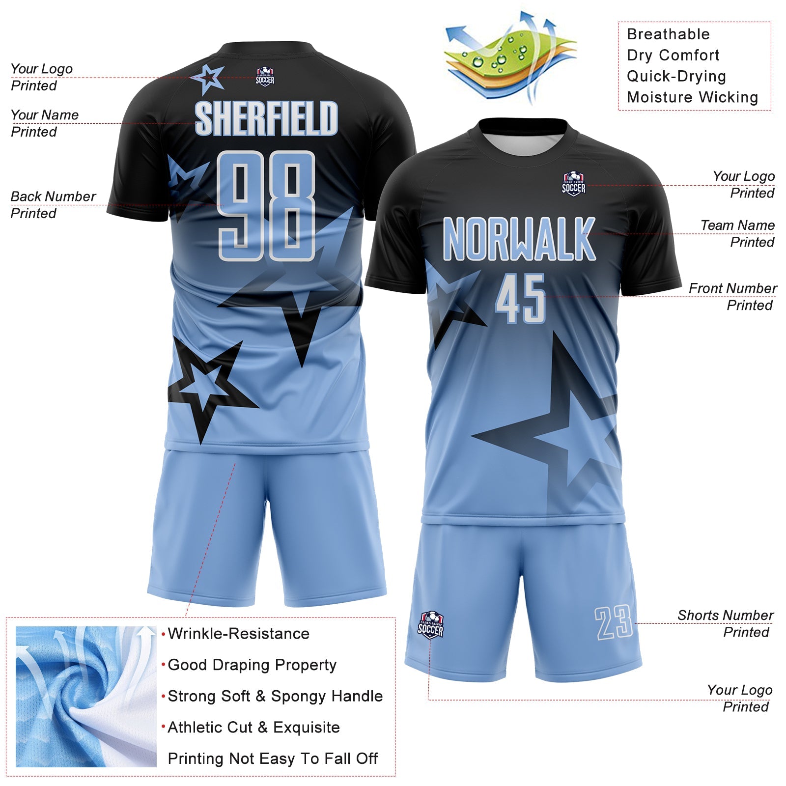 Custom Black Light Blue-White Gradient Style Twinkle Star Sublimation Soccer Uniform Jersey view 4