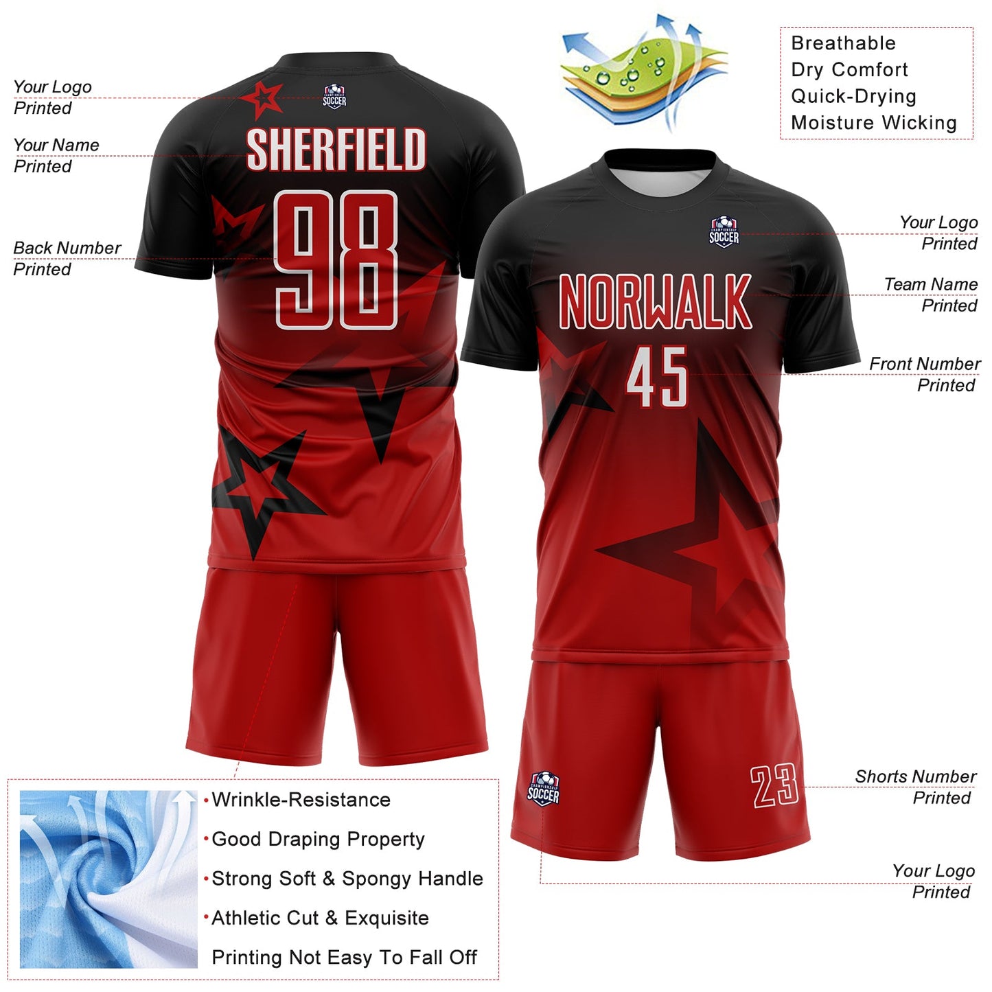 Custom Black Red-White Gradient Style Twinkle Star Sublimation Soccer Uniform Jersey view 4