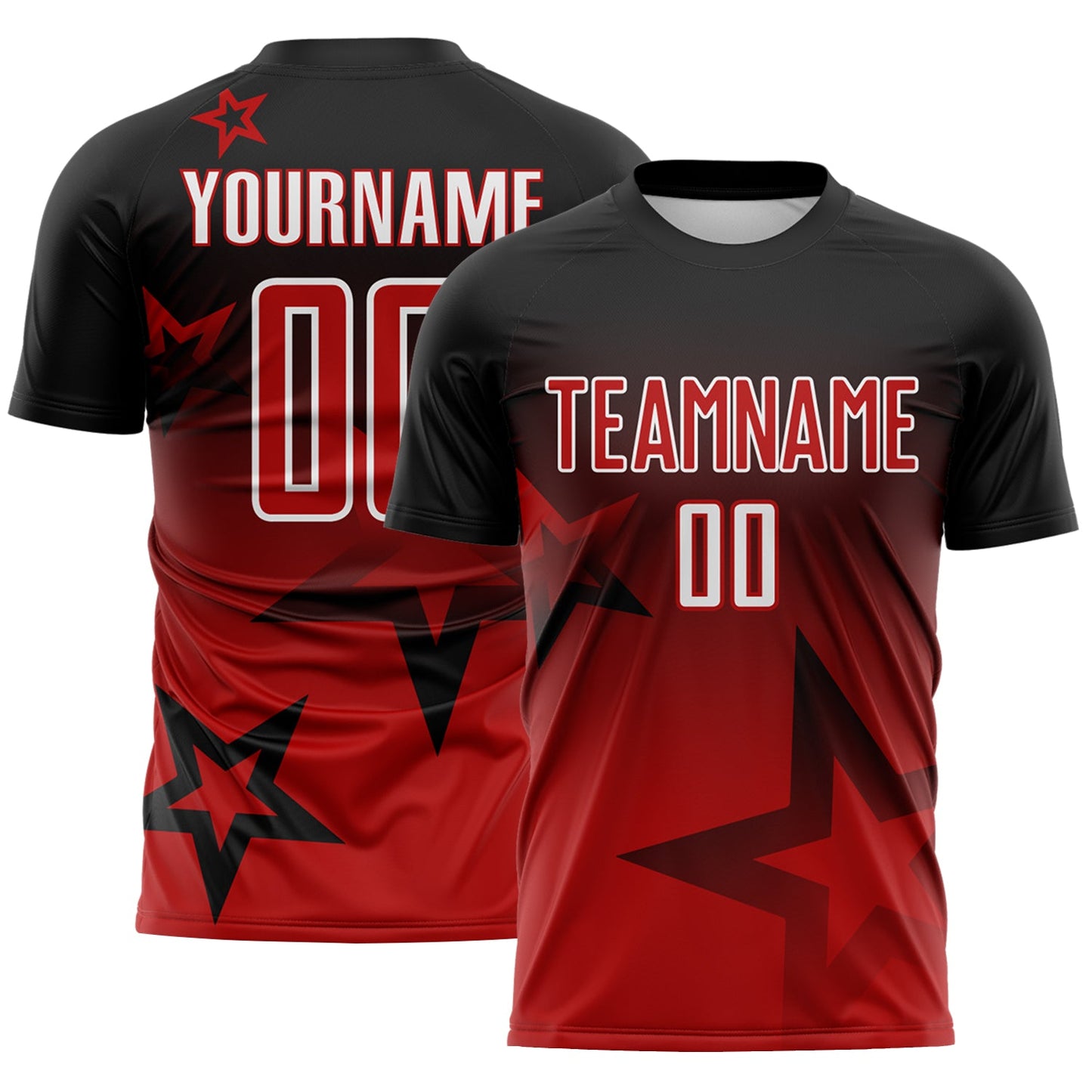 Custom Black Red-White Gradient Style Twinkle Star Sublimation Soccer Uniform Jersey - Main View
