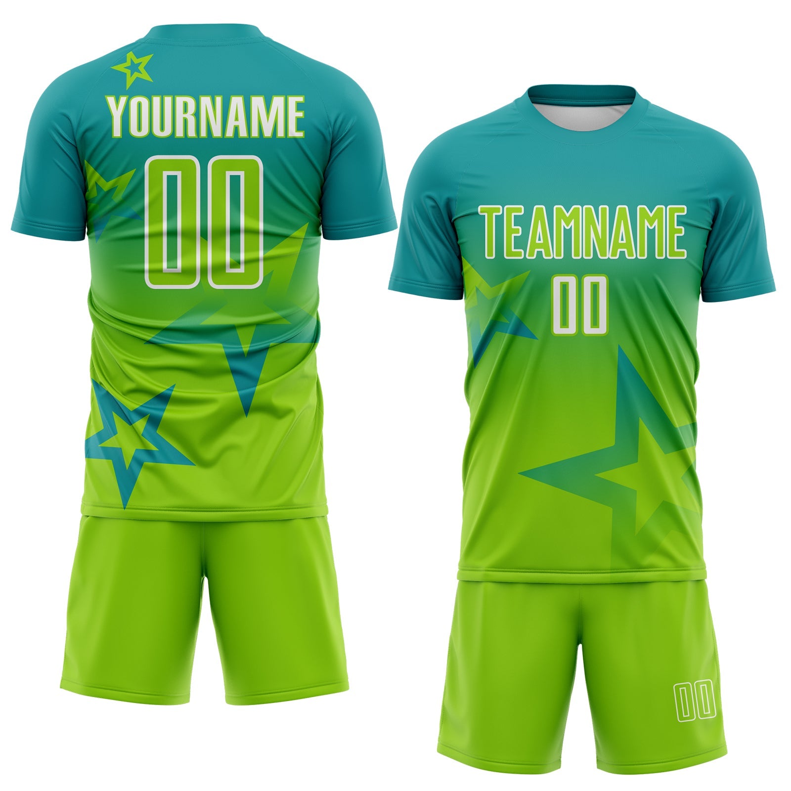 Custom Teal Neon Green-White Gradient Style Twinkle Star Sublimation Soccer Uniform Jersey view 2