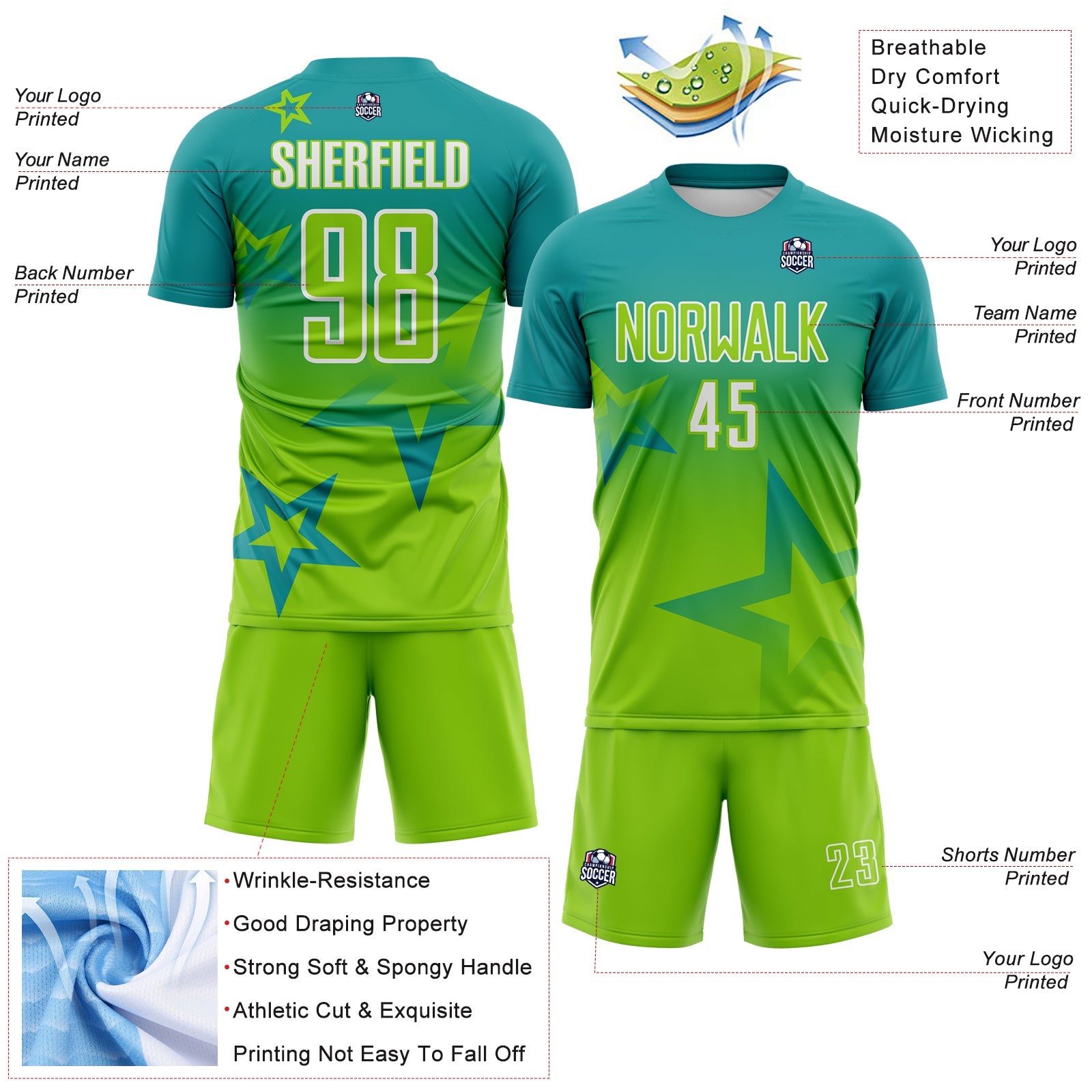 Custom Teal Neon Green-White Gradient Style Twinkle Star Sublimation Soccer Uniform Jersey view 4