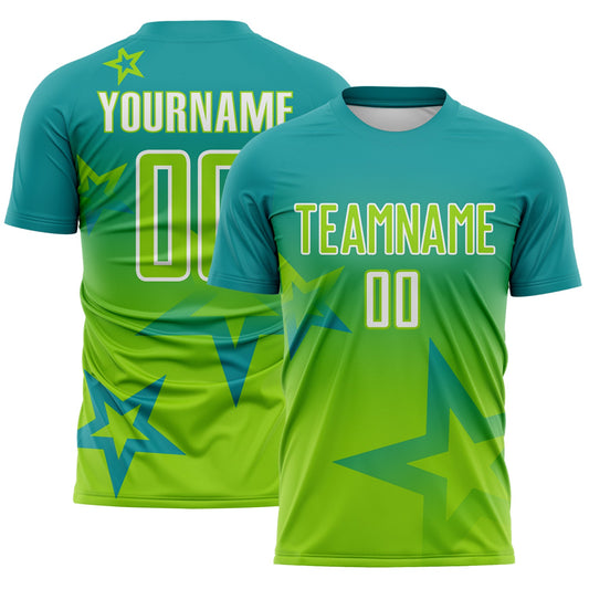 Custom Teal Neon Green-White Gradient Style Twinkle Star Sublimation Soccer Uniform Jersey - Main View