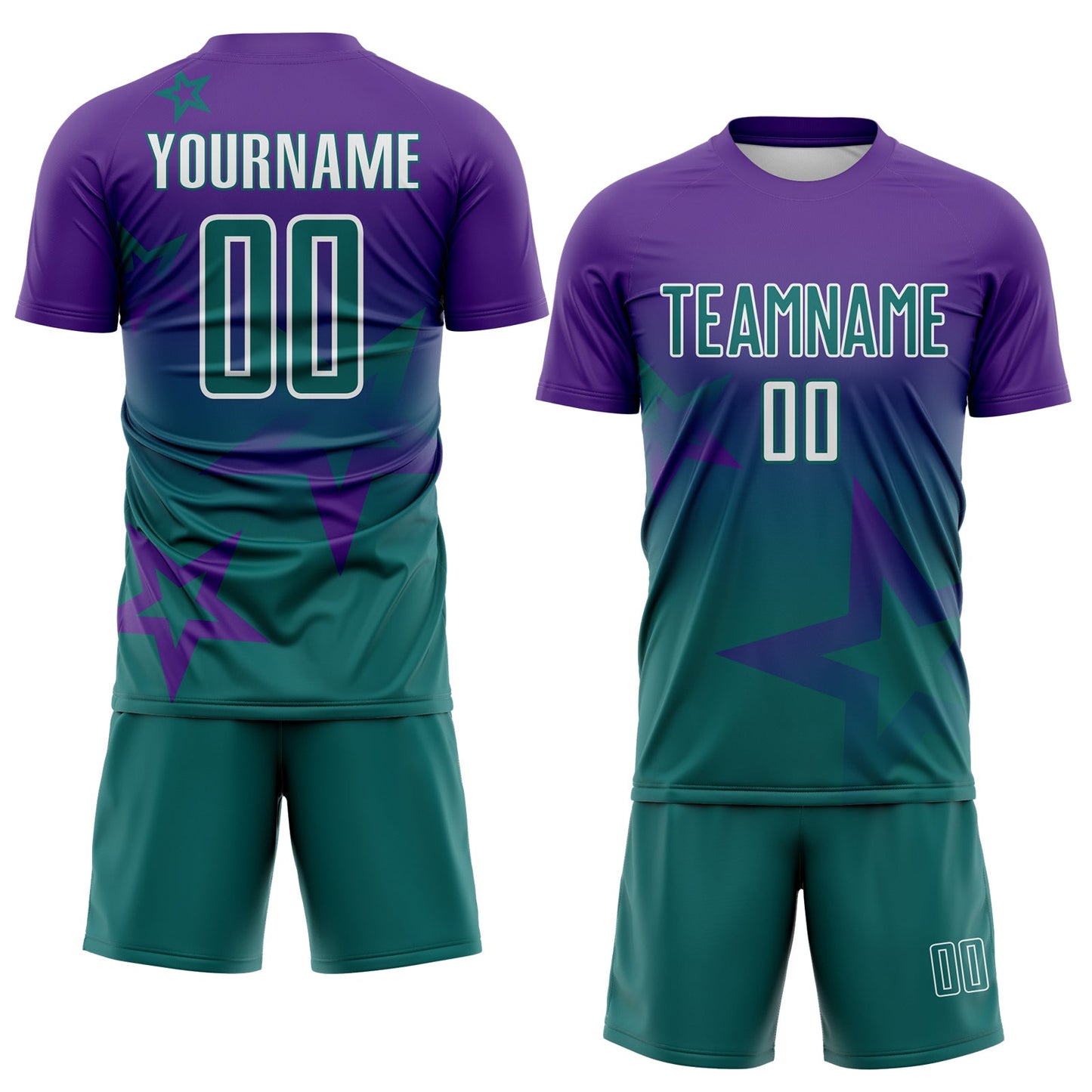 Custom Purple Teal-White Gradient Style Twinkle Star Sublimation Soccer Uniform Jersey view 2