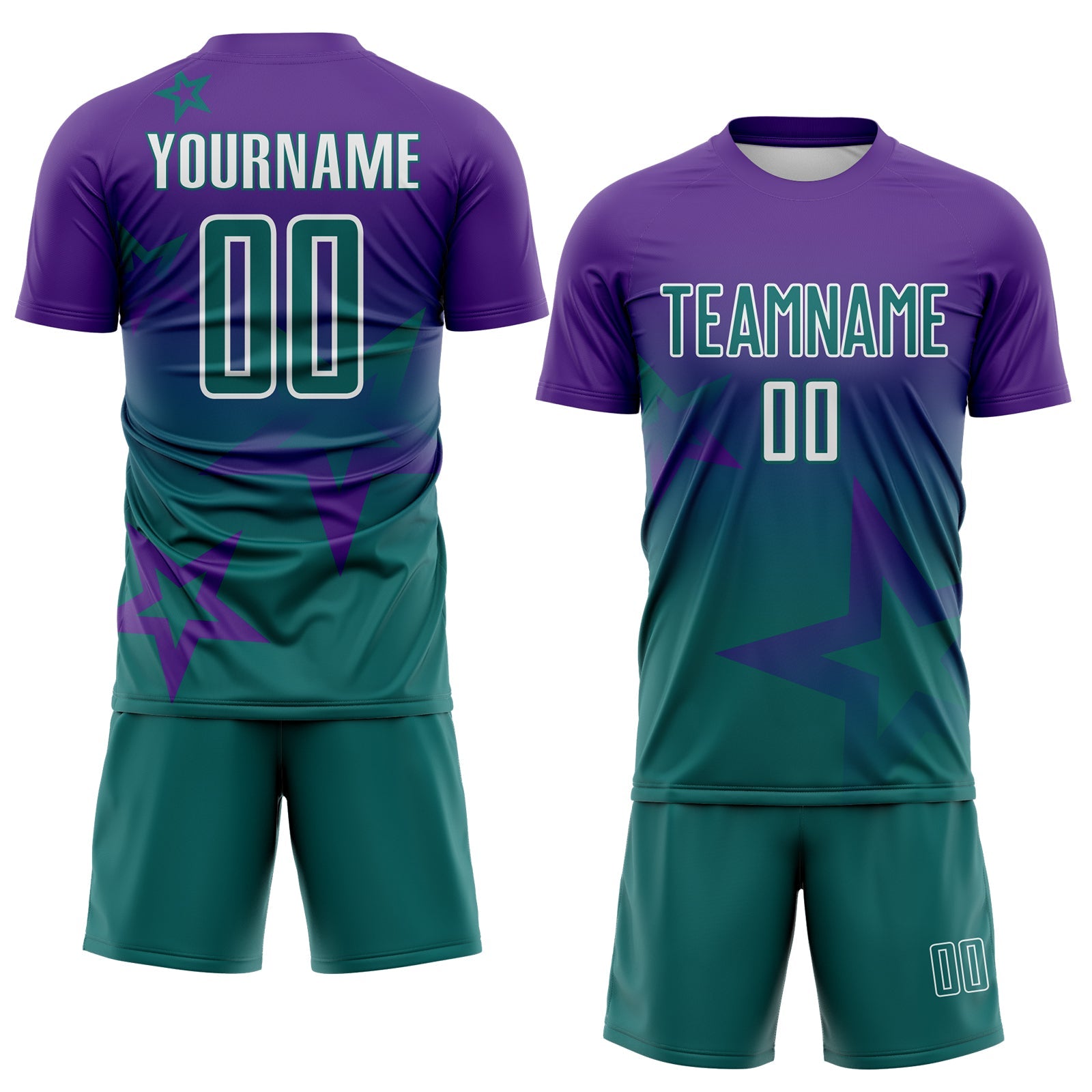 Custom Purple Teal-White Gradient Style Twinkle Star Sublimation Soccer Uniform Jersey view 2