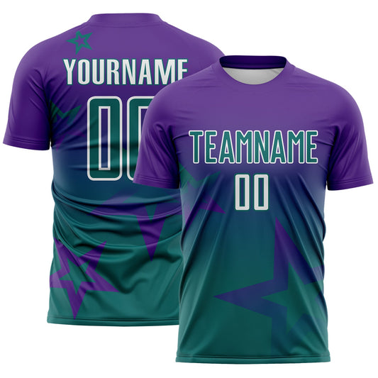Custom Purple Teal-White Gradient Style Twinkle Star Sublimation Soccer Uniform Jersey - Main View