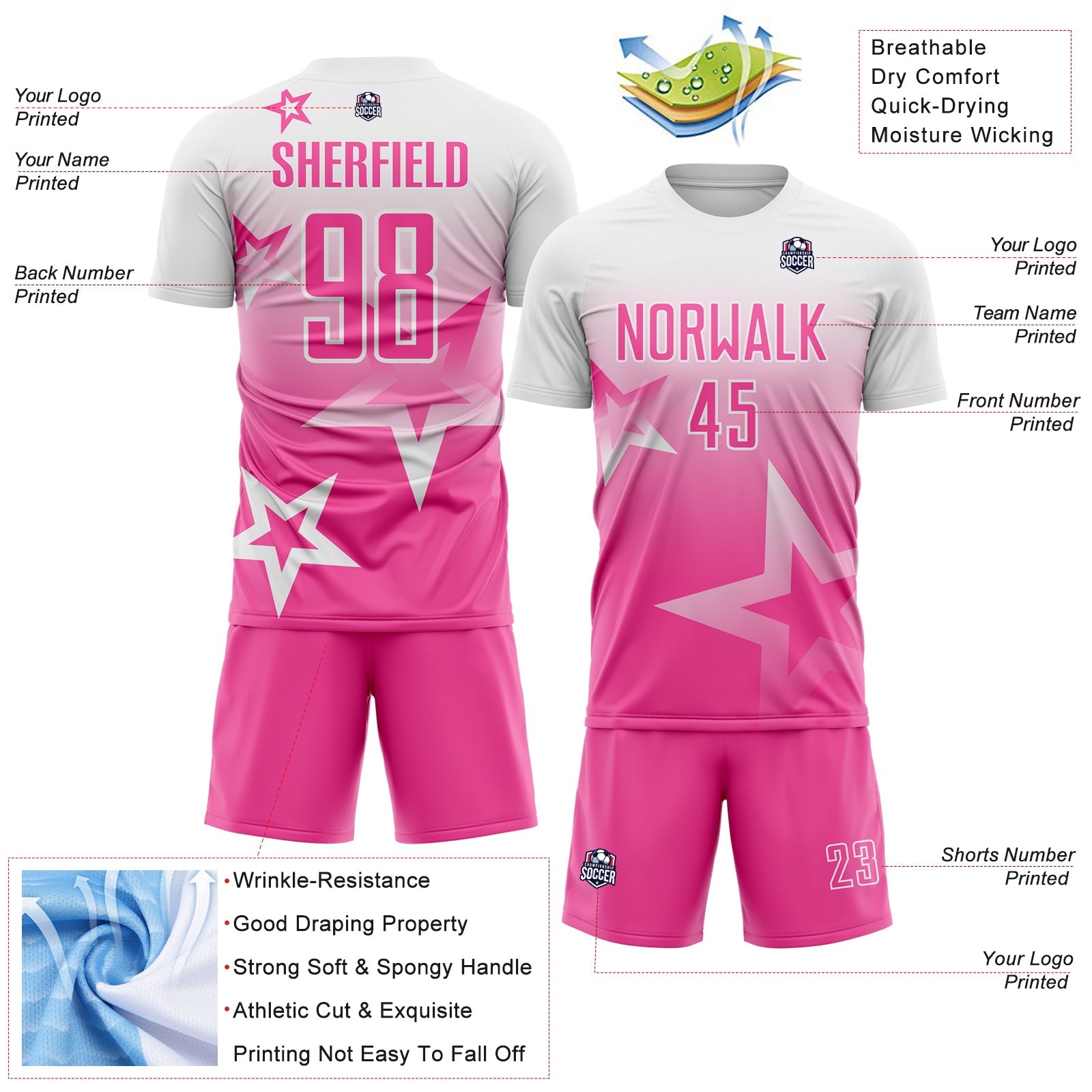 Custom White-Pink Gradient Style Twinkle Star Sublimation Soccer Uniform Jersey view 4