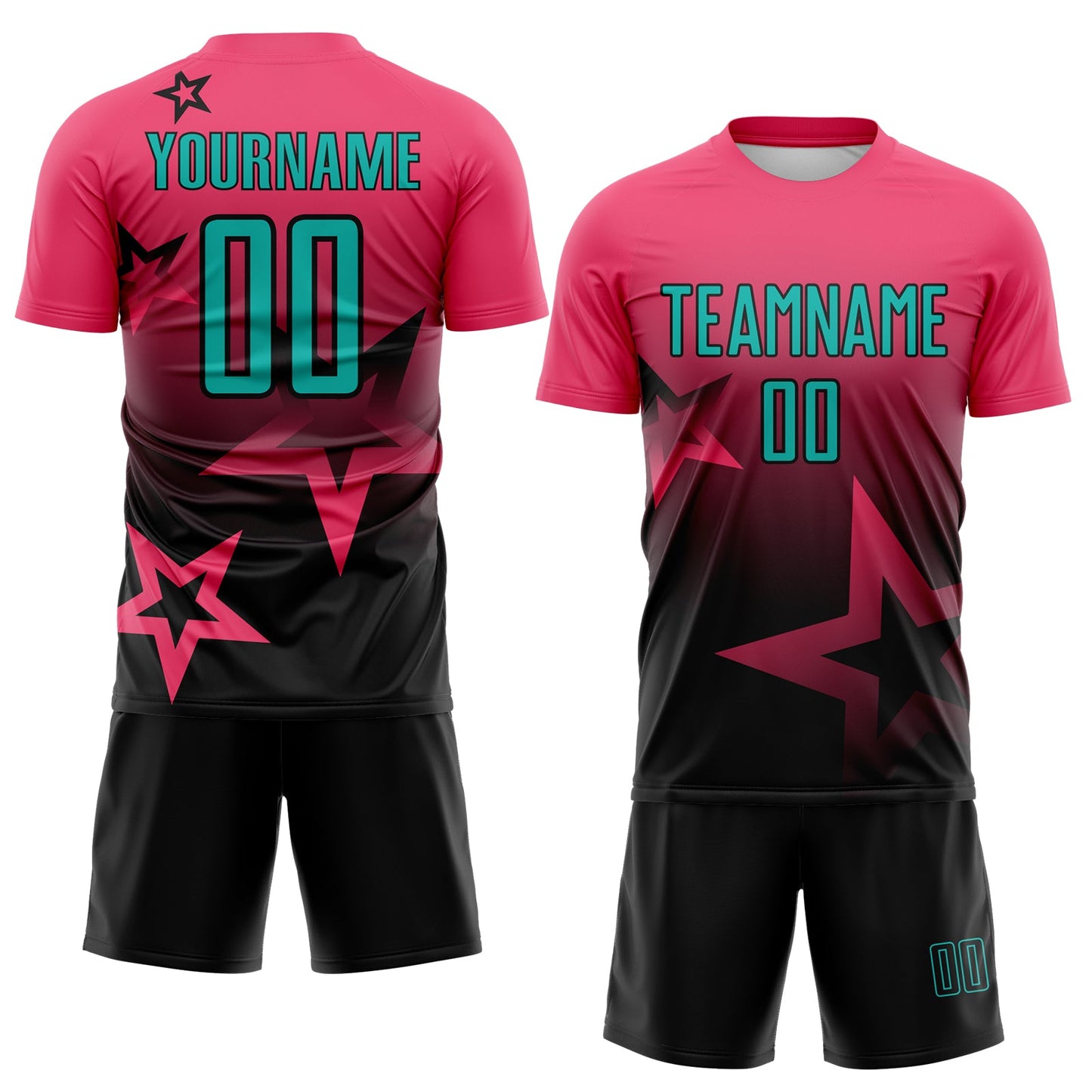 Custom Neon Pink Aqua-Black Gradient Style Twinkle Star Sublimation Soccer Uniform Jersey view 2