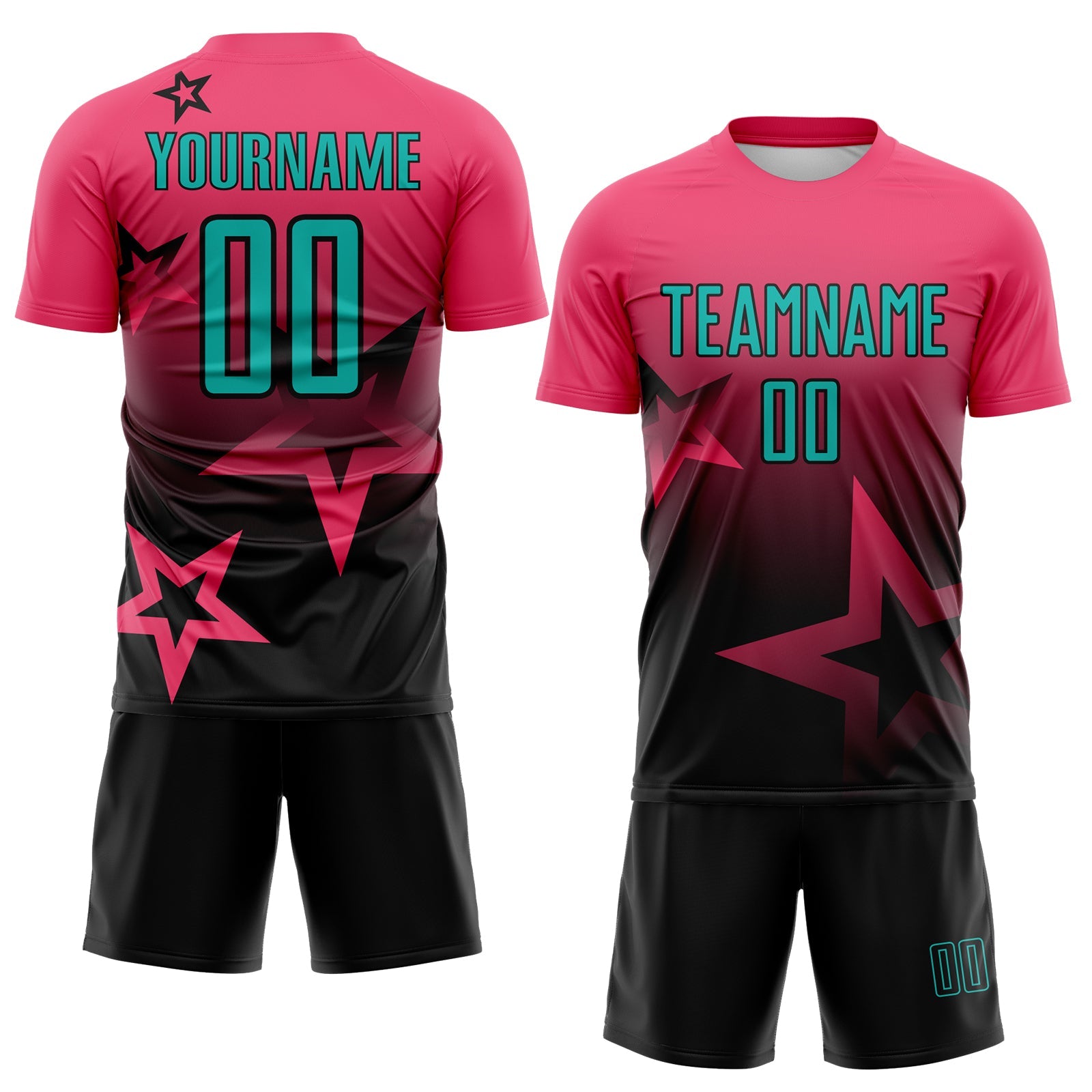 Custom Neon Pink Aqua-Black Gradient Style Twinkle Star Sublimation Soccer Uniform Jersey view 2